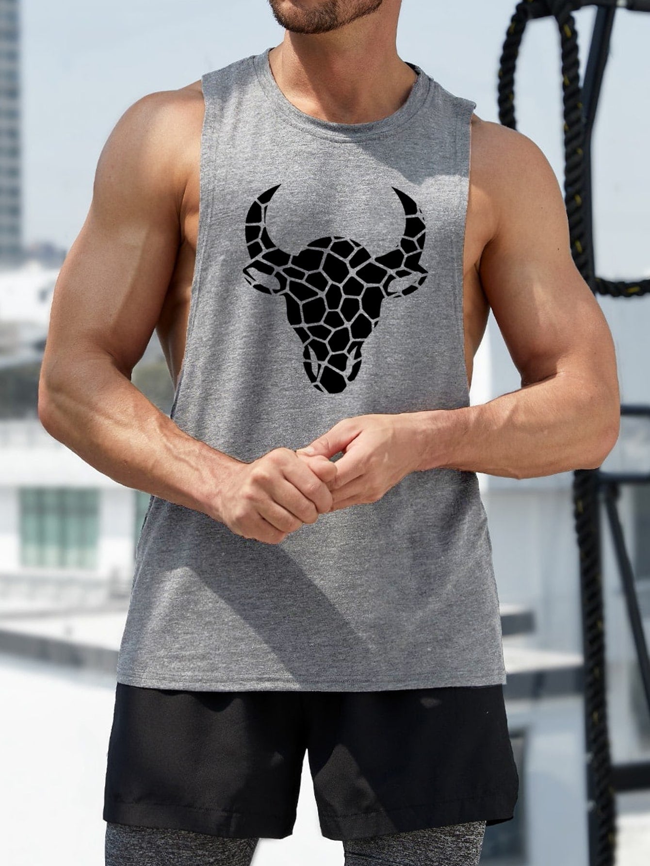Manfinity Fitness Manfinity Fitness Boyfriend Style Men Geo Cattle Print Sports Tank Top Workout Tops Tank Top Pac Basic T Shirt Graphic T Shirt Jersey Graphic Boyfriend Style Men T Shirt