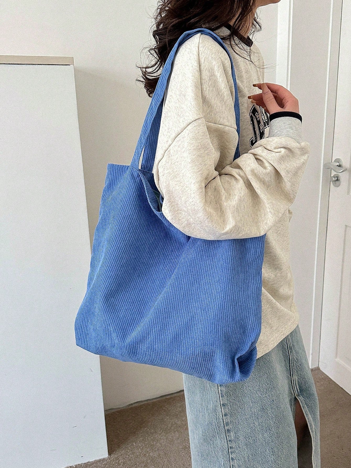 Corduroy Zipper Tote Bag, Women's Fashion Large Capacity Shoulder Bag, Casual Shopping Bag