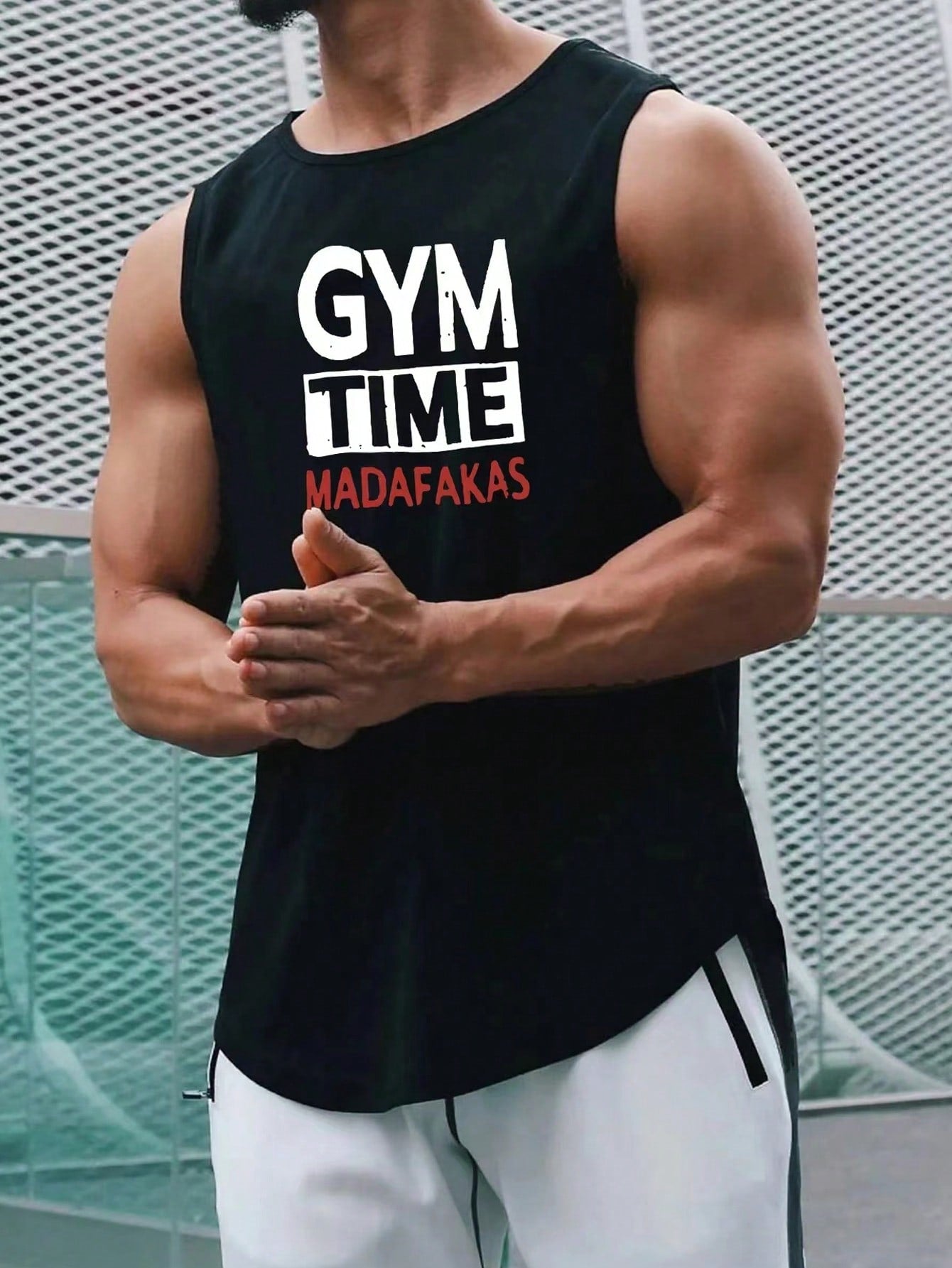 Manfinity Fitness Boyfriend Style Men's Simple Print Sleeveless Sports T-Shirt - Tank Top School , Mesh , Muscle , Graphic , Gym , Active Wear , Sleeveless , Plain