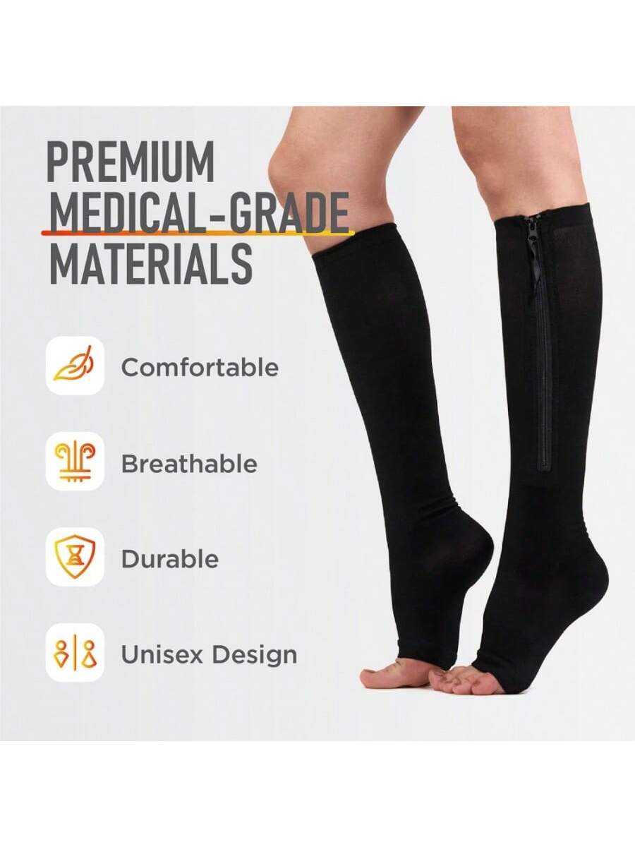 Zip-Up Compression Socks, 15-20mmHg, Knee-High, Toeless Design, For Sports