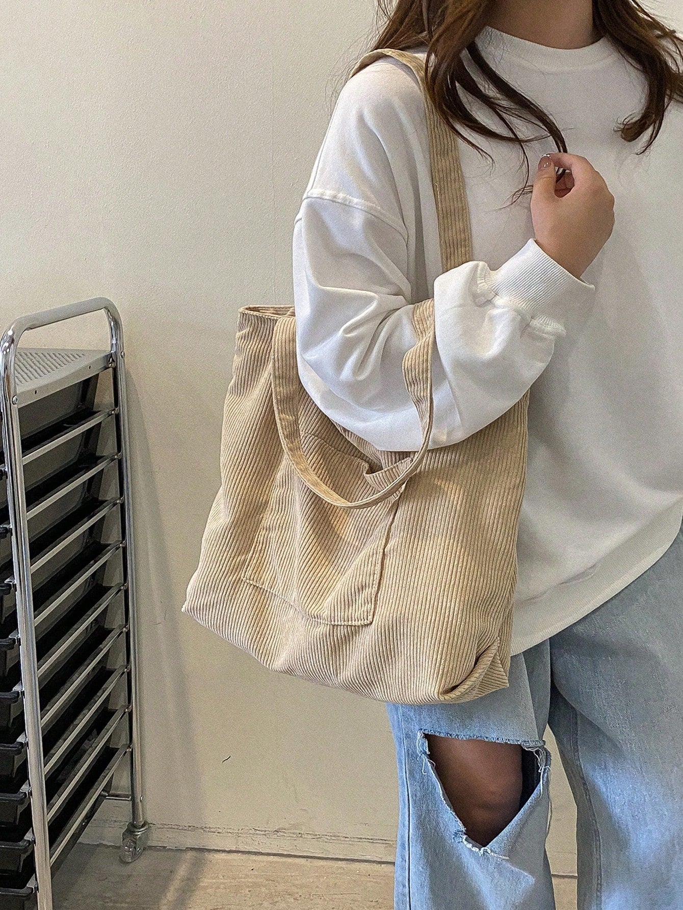Corduroy Zipper Tote Bag, Women's Fashion Large Capacity Shoulder Bag, Casual Shopping Bag
