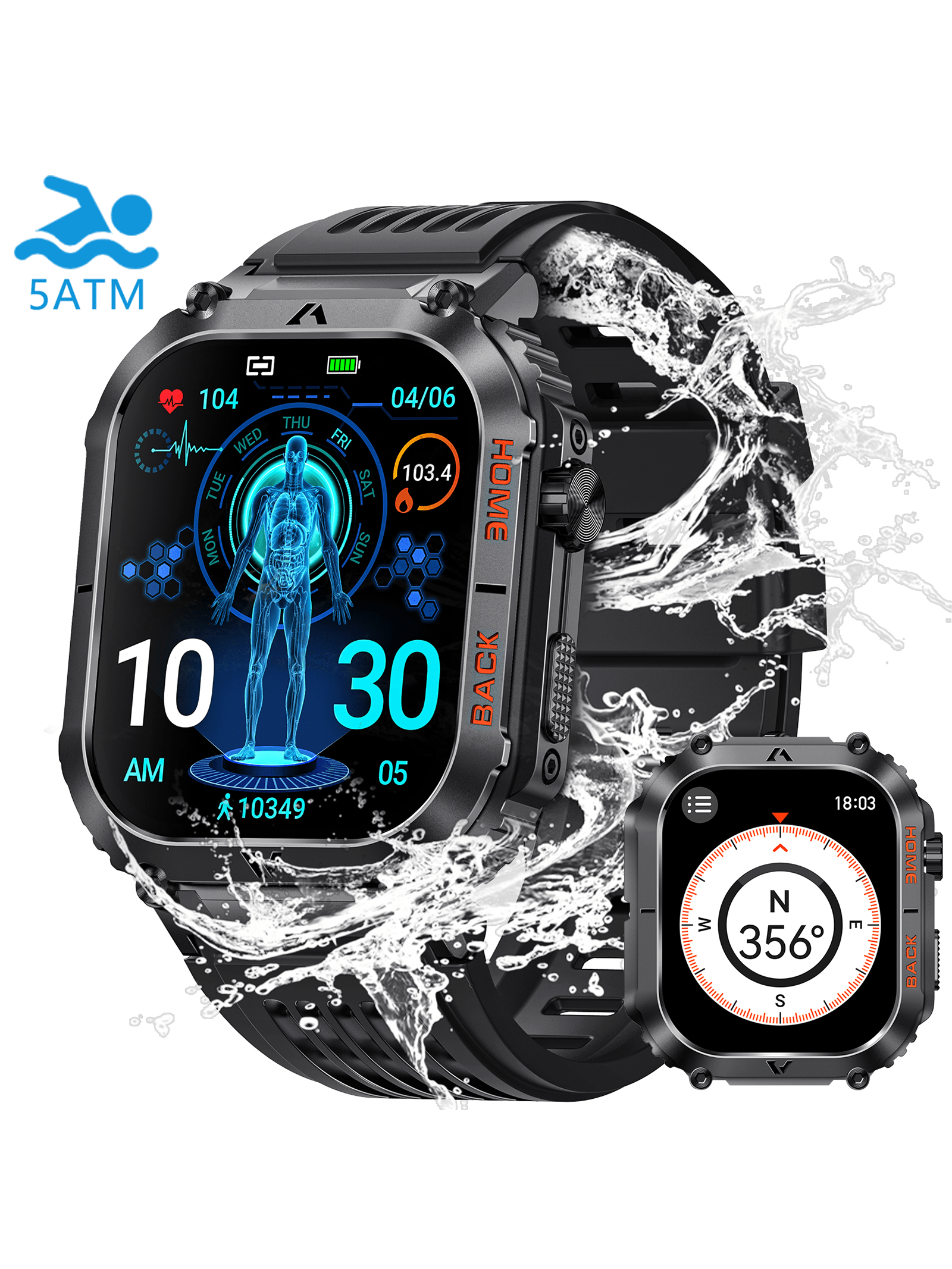 EIGIIS 1pc Smart Watch For Men(Answer/Dial Call), 2.02" HD Big Screen 5ATM Waterproof Outdoor Rugged Smartwatch With Compass Pedometer Message Notification Heart Rate SpO2 Sleep Monitor 100 Sports Mode Fitness Tracker For Android IOS