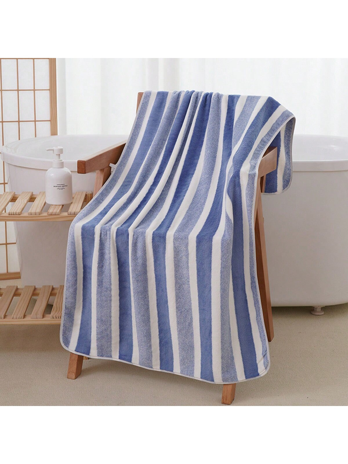 1pc Dark Blue Soft, Absorbent, Non-Shedding Wide Striped Coral Fleece Towel Or Bath Towel For Adults,For Hotel, Spa, Home Bathroom, Shower, Face Washing.
