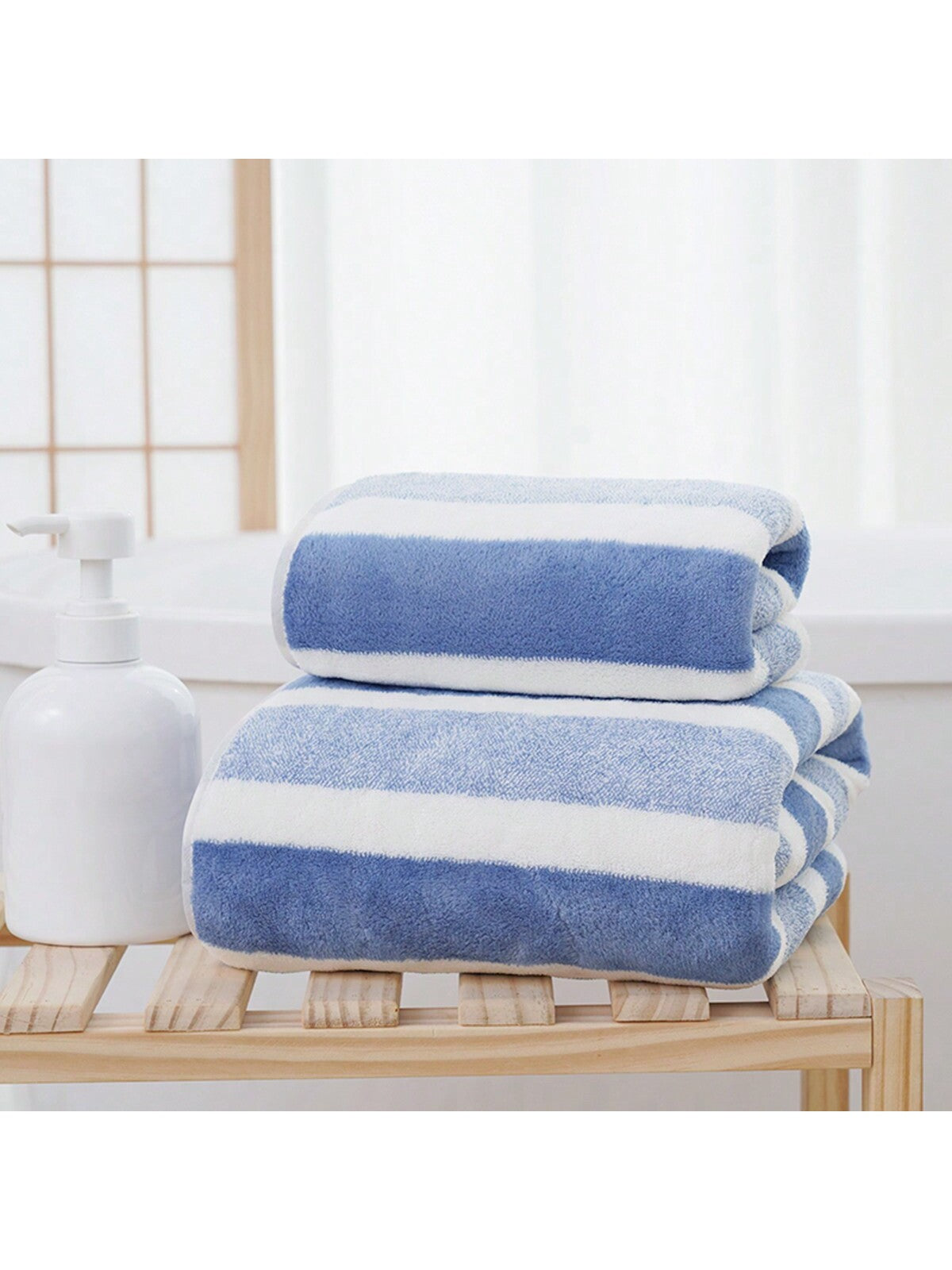 1pc Dark Blue Soft, Absorbent, Non-Shedding Wide Striped Coral Fleece Towel Or Bath Towel For Adults,For Hotel, Spa, Home Bathroom, Shower, Face Washing.
