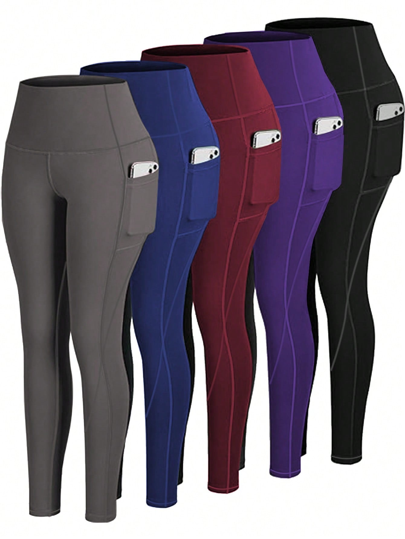 5pcs/Set High Waisted Compression Yoga Leggings With Pockets For Workout Running