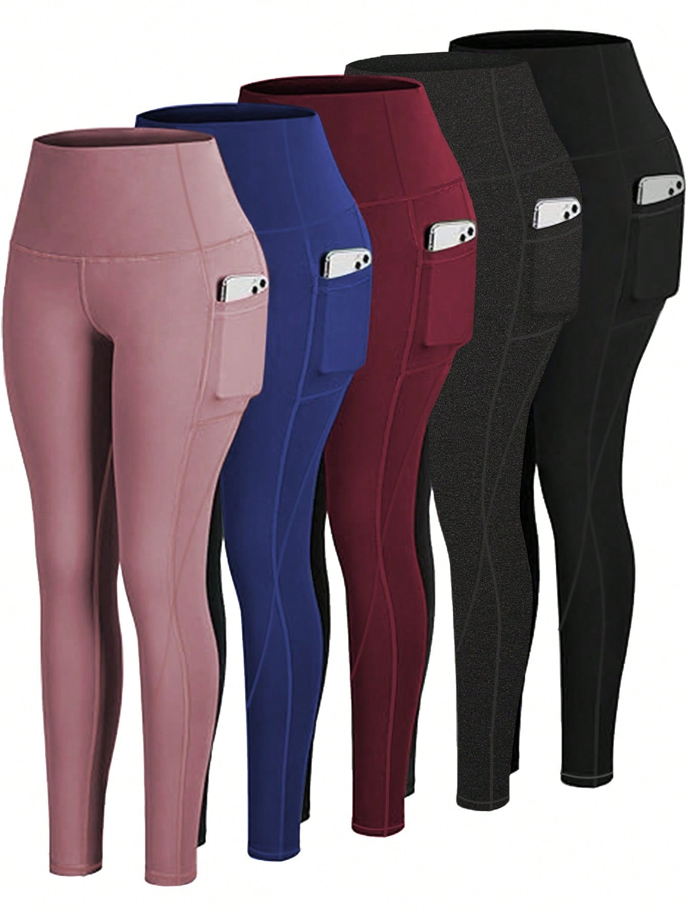 5pcs/Set High Waisted Compression Yoga Leggings With Pockets For Workout Running