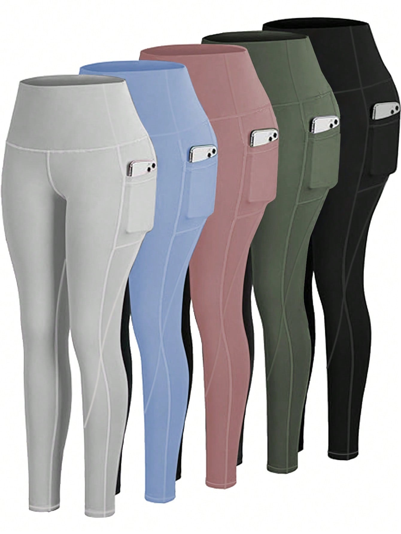 5pcs/Set High Waisted Compression Yoga Leggings With Pockets For Workout Running