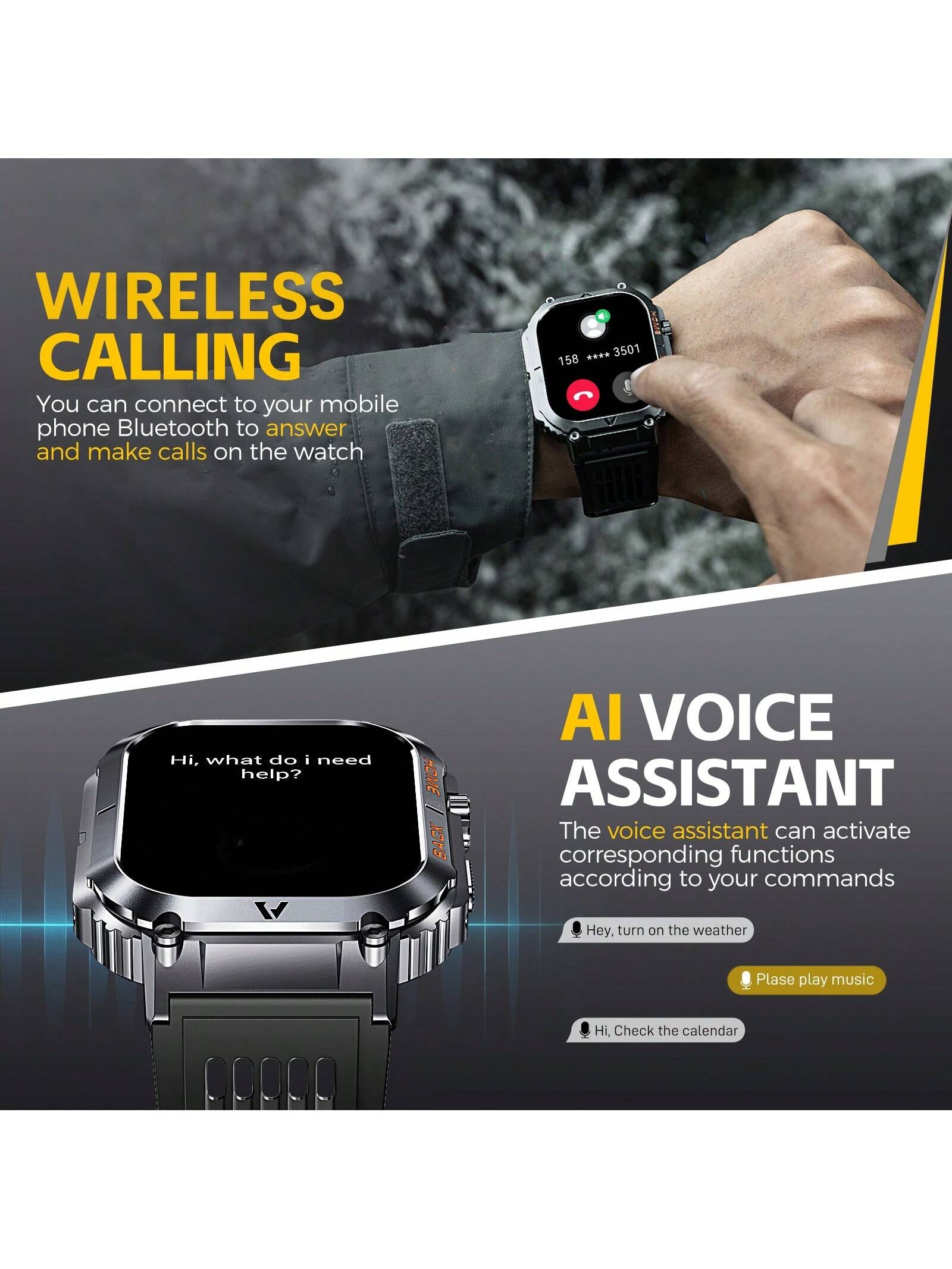 EIGIIS 1pc Smart Watch For Men(Answer/Dial Call), 2.02" HD Big Screen 5ATM Waterproof Outdoor Rugged Smartwatch With Compass Pedometer Message Notification Heart Rate SpO2 Sleep Monitor 100 Sports Mode Fitness Tracker For Android IOS