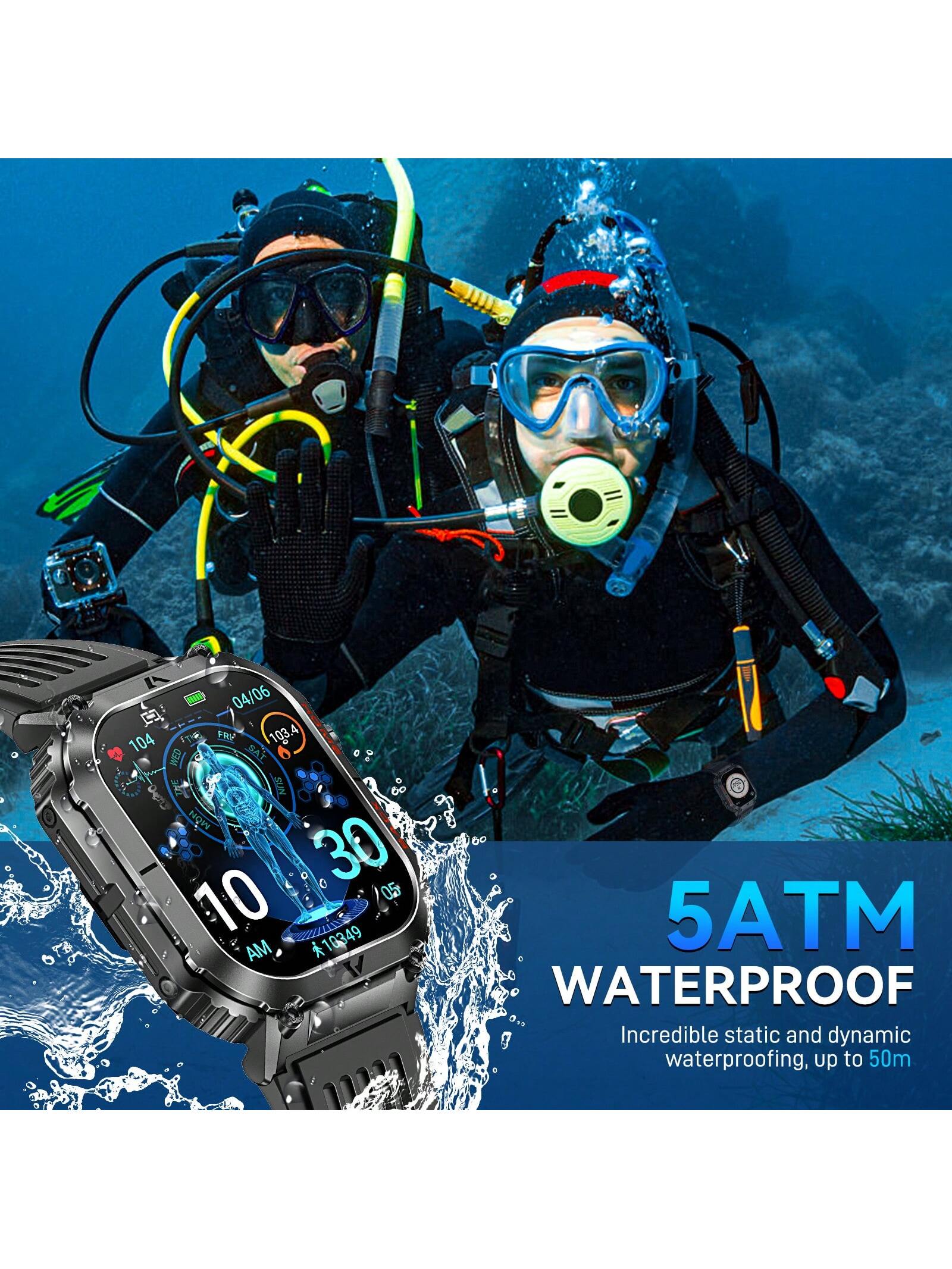 EIGIIS 1pc Smart Watch For Men(Answer/Dial Call), 2.02" HD Big Screen 5ATM Waterproof Outdoor Rugged Smartwatch With Compass Pedometer Message Notification Heart Rate SpO2 Sleep Monitor 100 Sports Mode Fitness Tracker For Android IOS