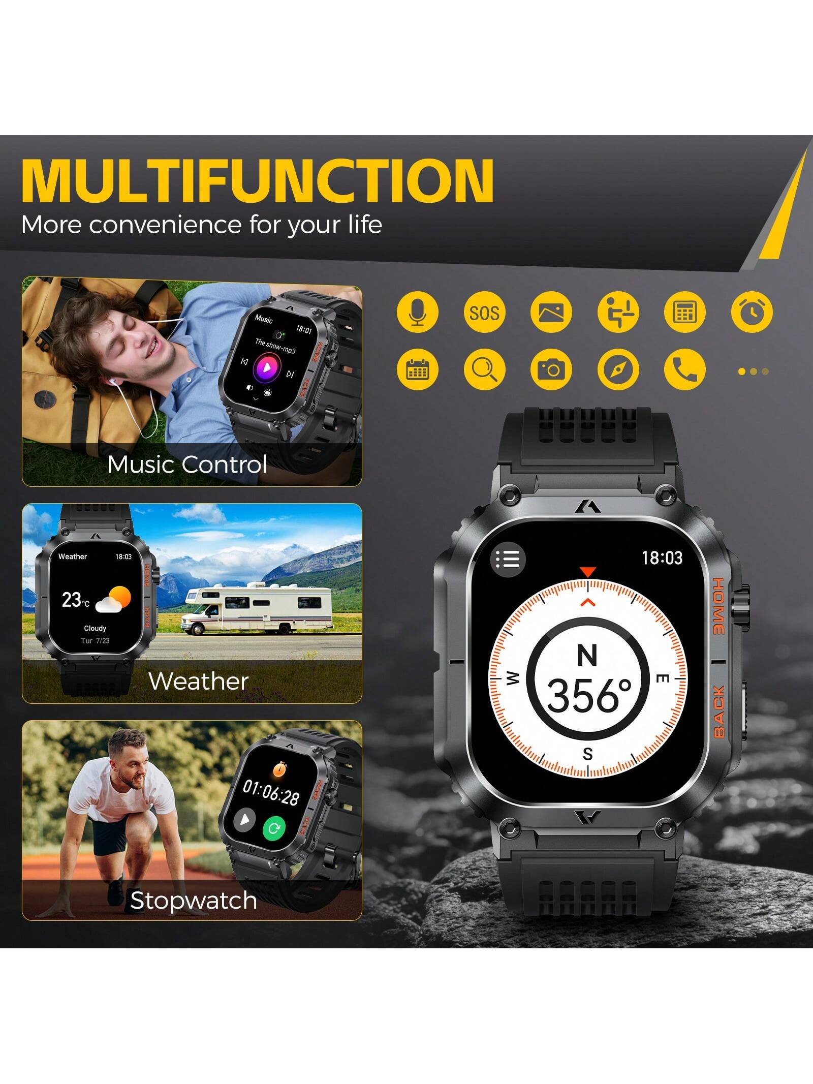 EIGIIS 1pc Smart Watch For Men(Answer/Dial Call), 2.02" HD Big Screen 5ATM Waterproof Outdoor Rugged Smartwatch With Compass Pedometer Message Notification Heart Rate SpO2 Sleep Monitor 100 Sports Mode Fitness Tracker For Android IOS