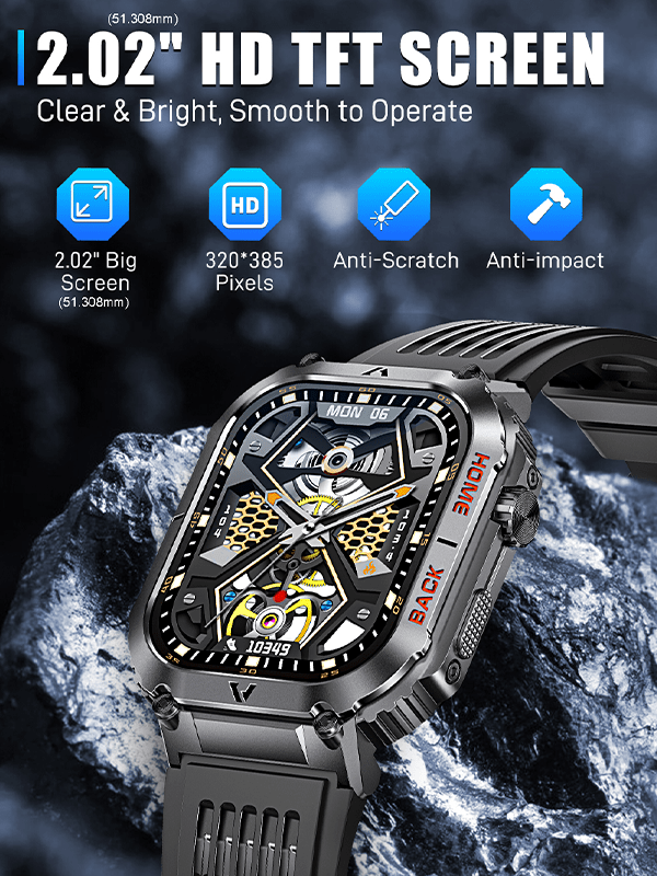 EIGIIS 1pc Smart Watch For Men(Answer/Dial Call), 2.02" HD Big Screen 5ATM Waterproof Outdoor Rugged Smartwatch With Compass Pedometer Message Notification Heart Rate SpO2 Sleep Monitor 100 Sports Mode Fitness Tracker For Android IOS