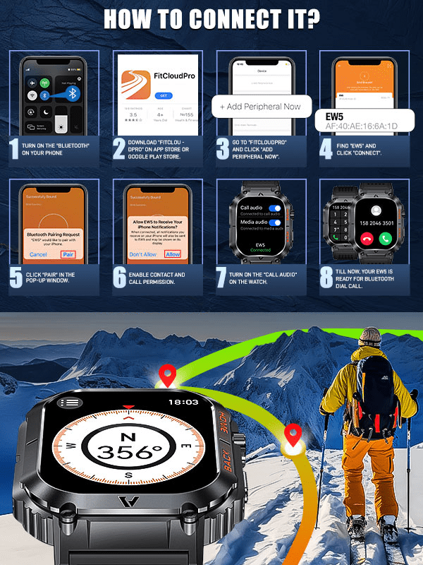 EIGIIS 1pc Smart Watch For Men(Answer/Dial Call), 2.02" HD Big Screen 5ATM Waterproof Outdoor Rugged Smartwatch With Compass Pedometer Message Notification Heart Rate SpO2 Sleep Monitor 100 Sports Mode Fitness Tracker For Android IOS
