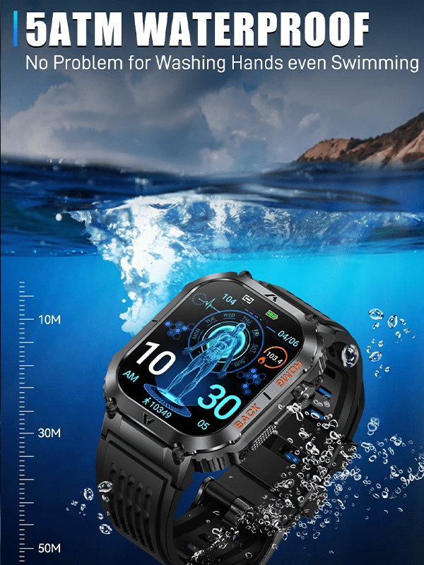 EIGIIS 1pc Smart Watch For Men(Answer/Dial Call), 2.02" HD Big Screen 5ATM Waterproof Outdoor Rugged Smartwatch With Compass Pedometer Message Notification Heart Rate SpO2 Sleep Monitor 100 Sports Mode Fitness Tracker For Android IOS