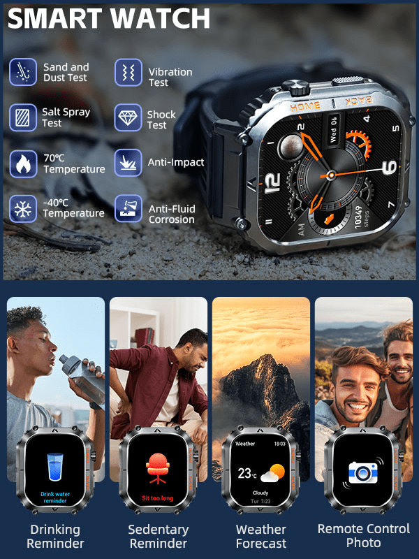 EIGIIS 1pc Smart Watch For Men(Answer/Dial Call), 2.02" HD Big Screen 5ATM Waterproof Outdoor Rugged Smartwatch With Compass Pedometer Message Notification Heart Rate SpO2 Sleep Monitor 100 Sports Mode Fitness Tracker For Android IOS