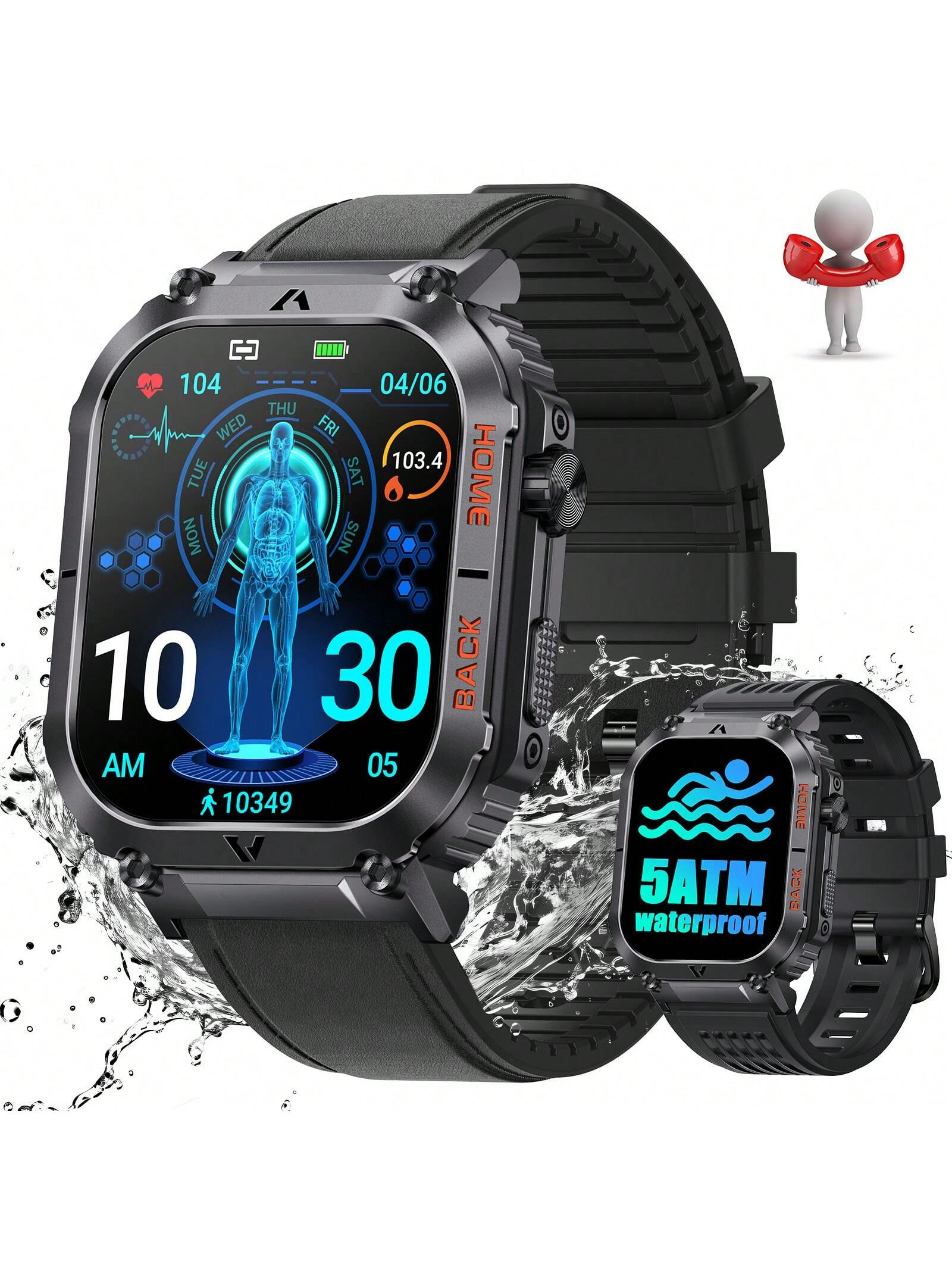 EIGIIS 1pc Smart Watch For Men(Answer/Dial Call), 2.02" HD Big Screen 5ATM Waterproof Outdoor Rugged Smartwatch With Compass Pedometer Message Notification Heart Rate SpO2 Sleep Monitor 100 Sports Mode Fitness Tracker For Android IOS