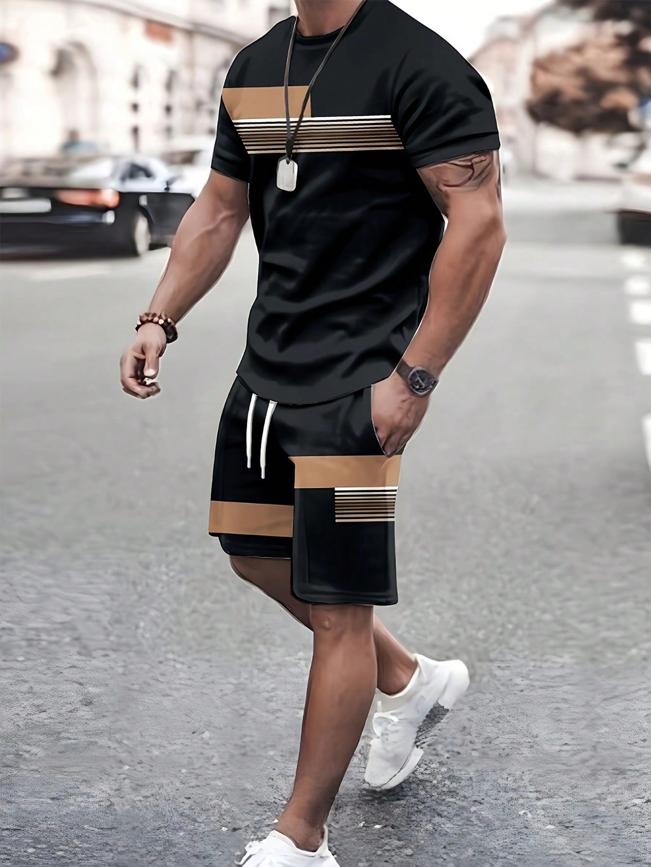 Manfinity Boyfriend Style Men's Summer Simple Printed Short Sleeve Shirt And Shorts Sports Set