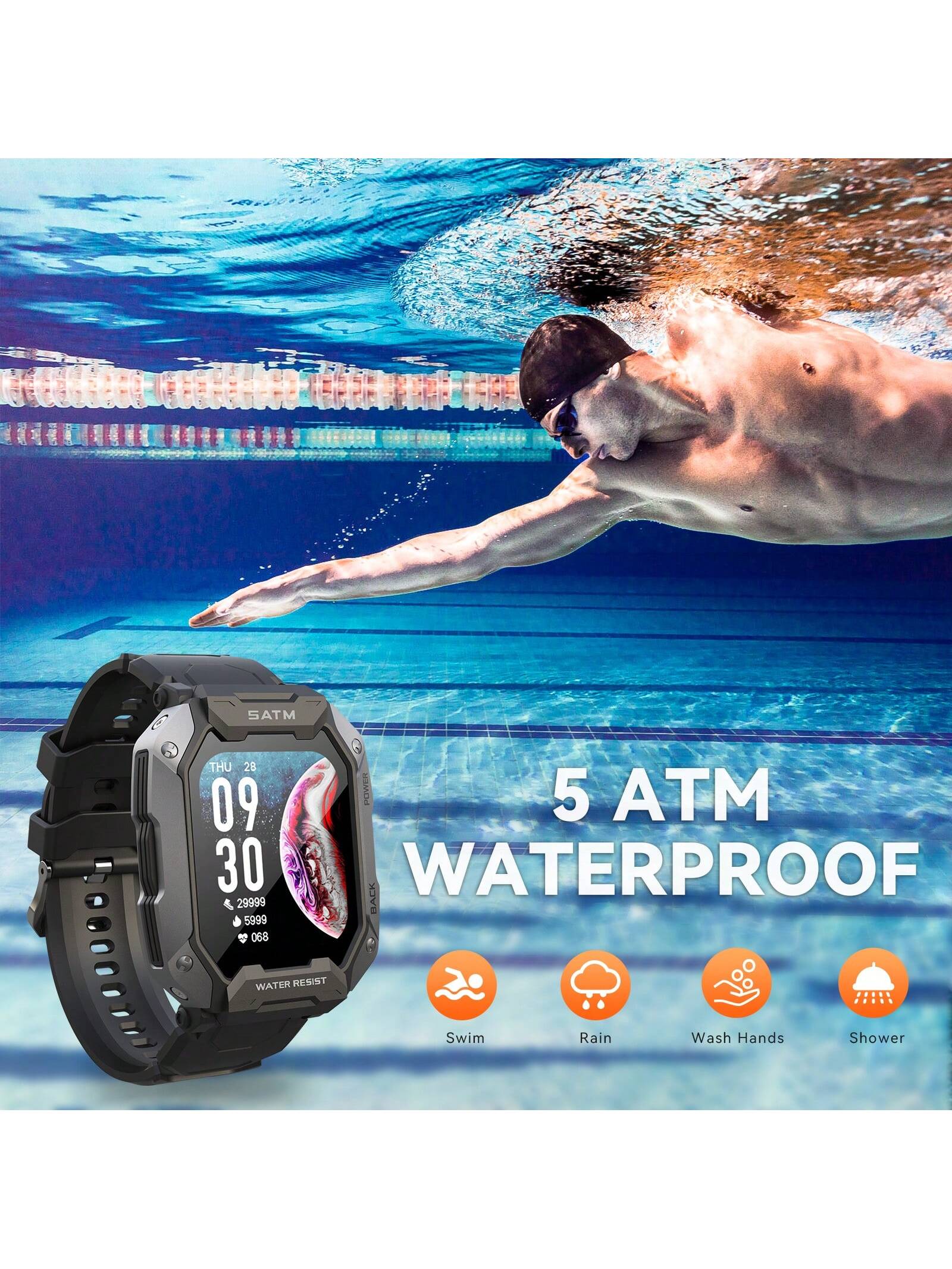 INEYES 50M Waterproof Smart Watches For Men 1.71" HD Rugged Tactical Sports Smartwatch Fitness Tracker With Heart Rate Sleep Monitor Outdoor Smart Watch Compatible With Android IOS