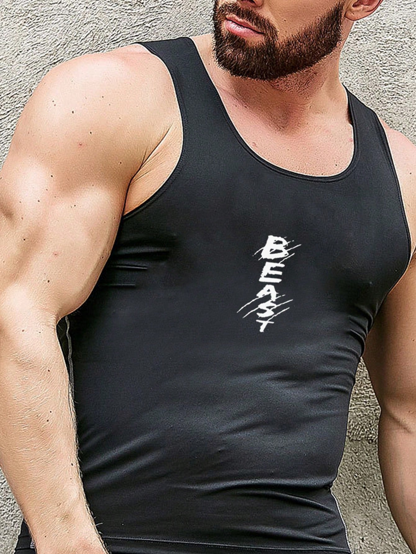 Manfinity Fitness Boyfriend Style Men Printed Sleeveless Top And Shorts, Simple Casual Sports Set School