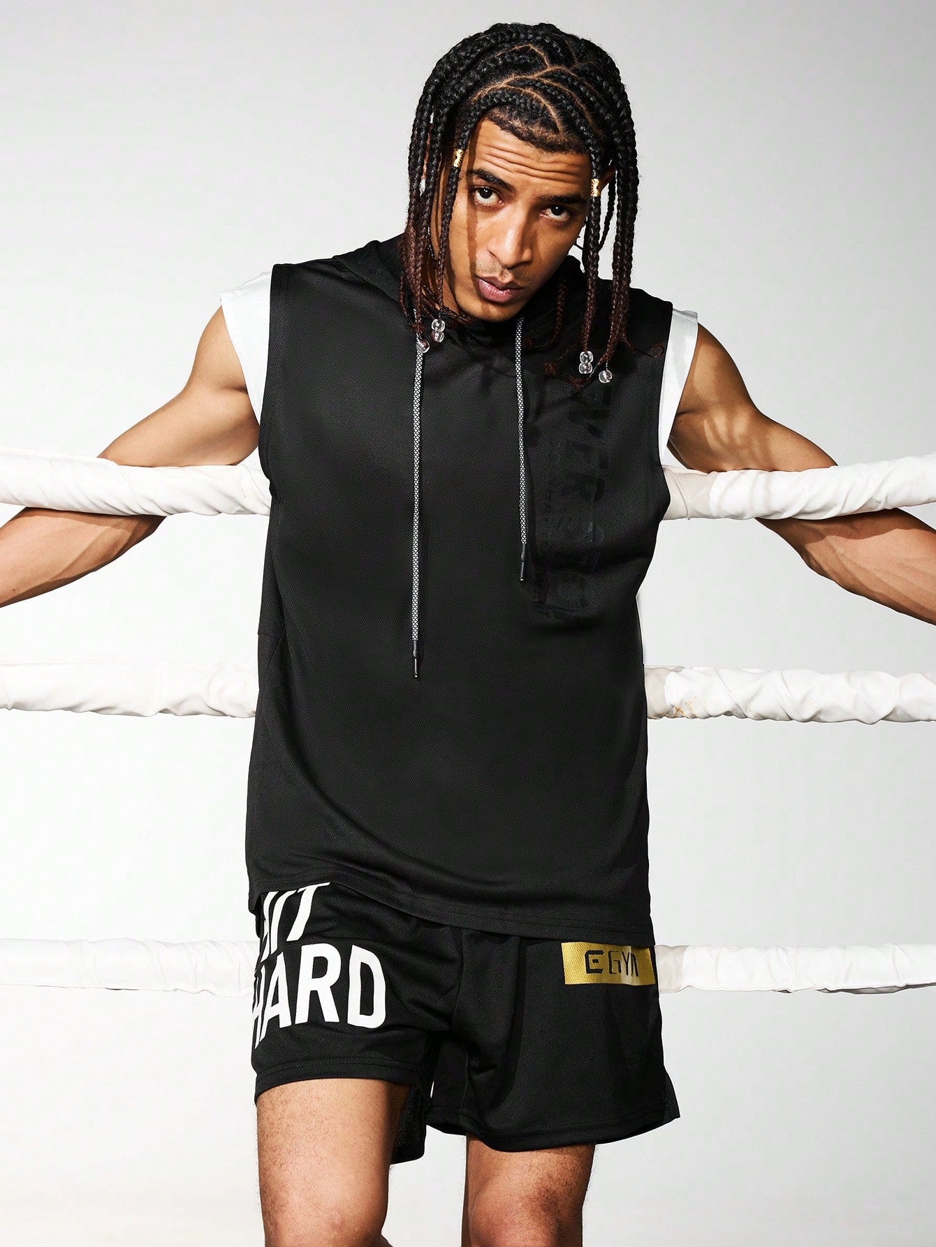 Manfinity Fitness Boyfriend Style Men's Letter Print Drawstring Hoodie Tank Top