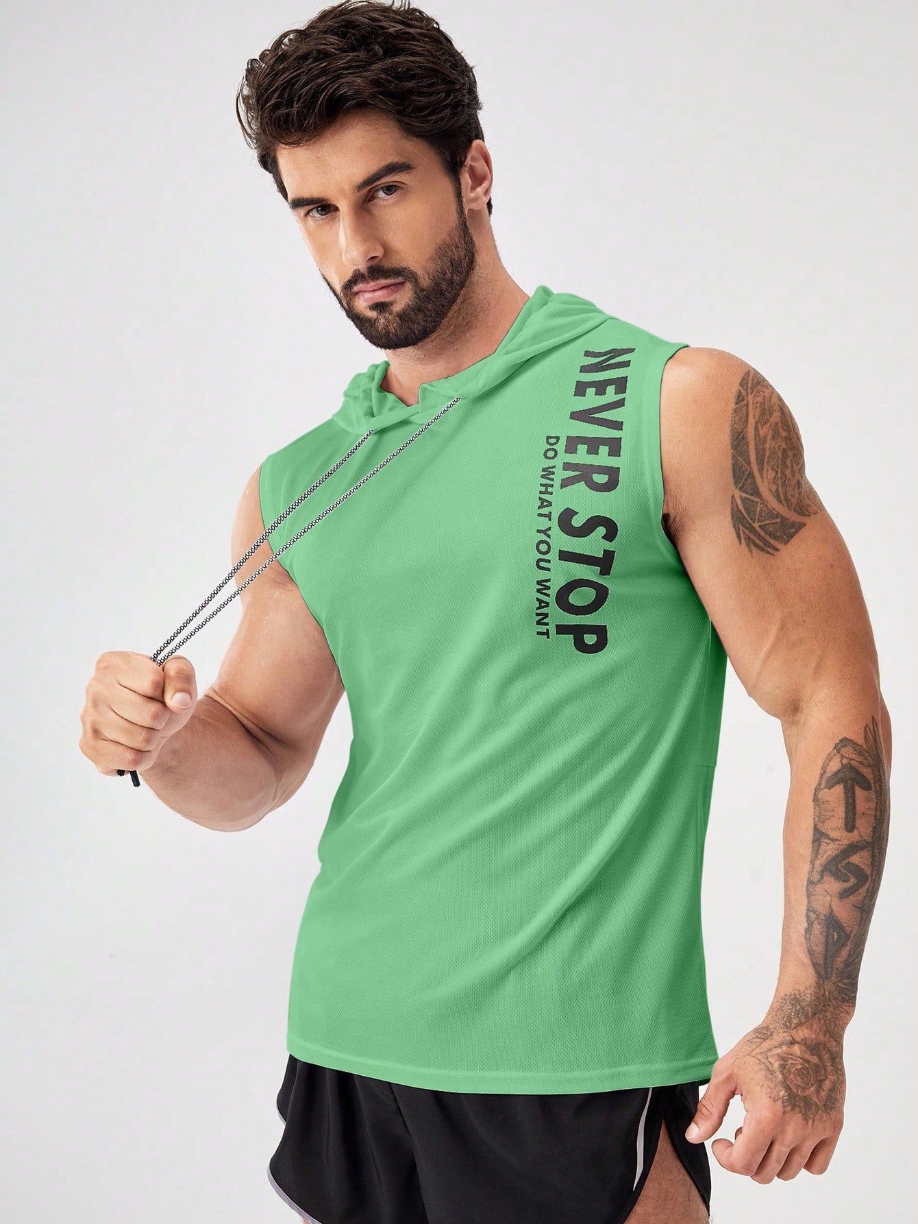 Manfinity Fitness Boyfriend Style Men's Letter Print Drawstring Hoodie Tank Top