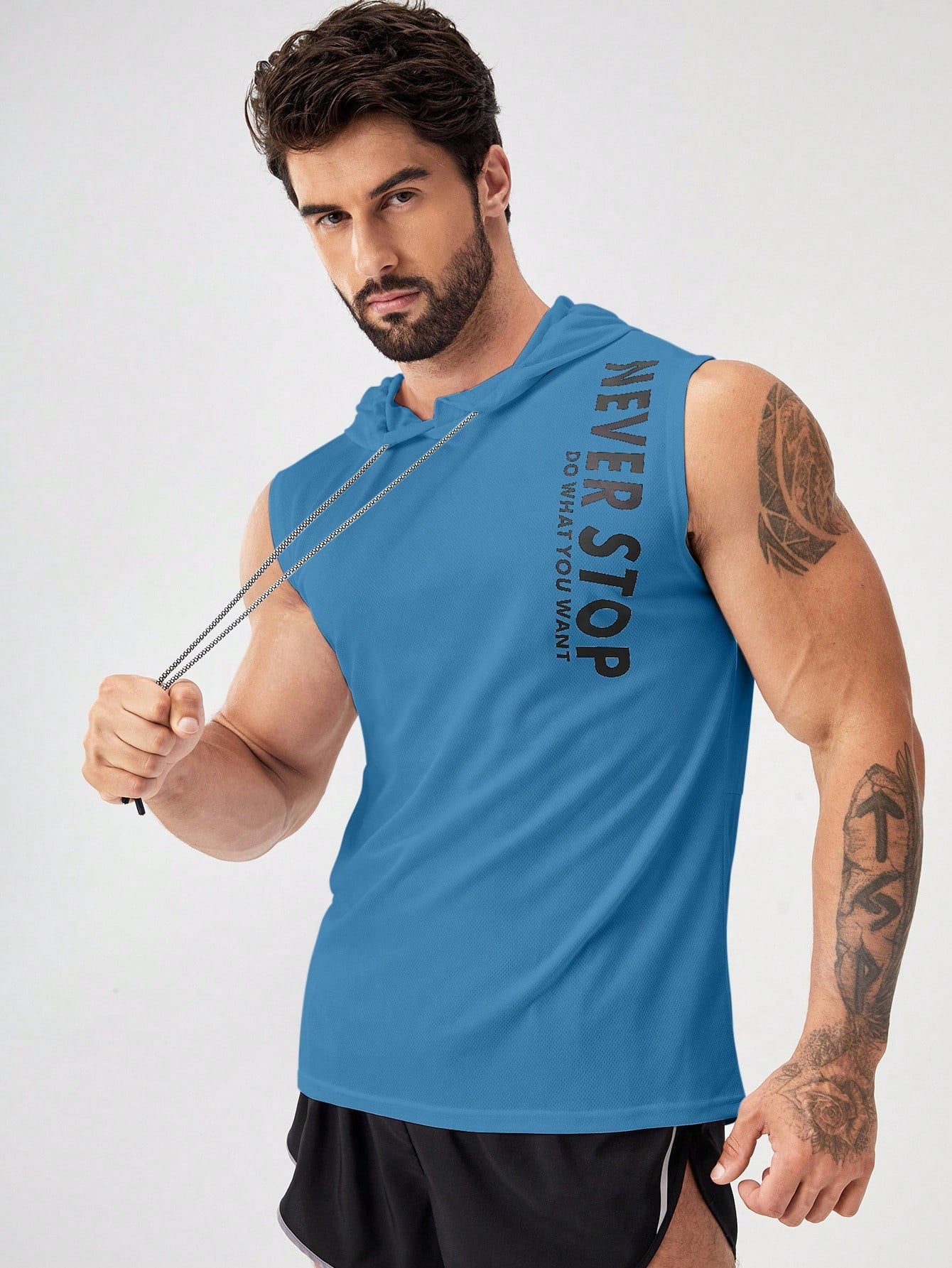 Manfinity Fitness Boyfriend Style Men's Letter Print Drawstring Hoodie Tank Top