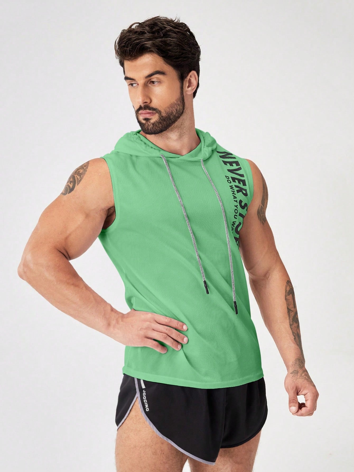 Manfinity Fitness Boyfriend Style Men's Letter Print Drawstring Hoodie Tank Top