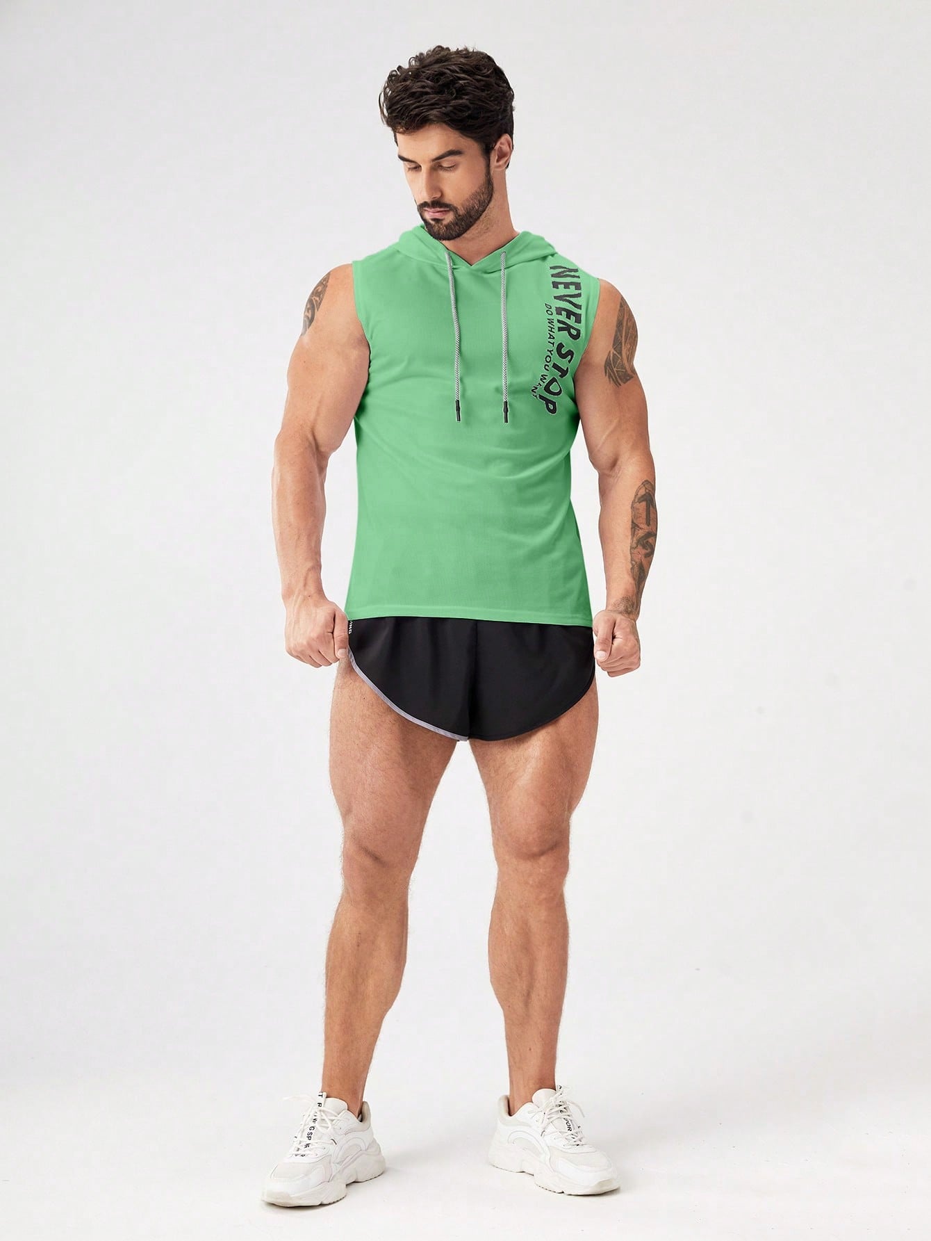 Manfinity Fitness Boyfriend Style Men's Letter Print Drawstring Hoodie Tank Top