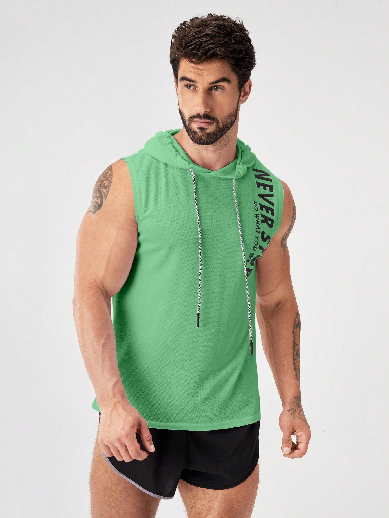 Manfinity Fitness Boyfriend Style Men's Letter Print Drawstring Hoodie Tank Top