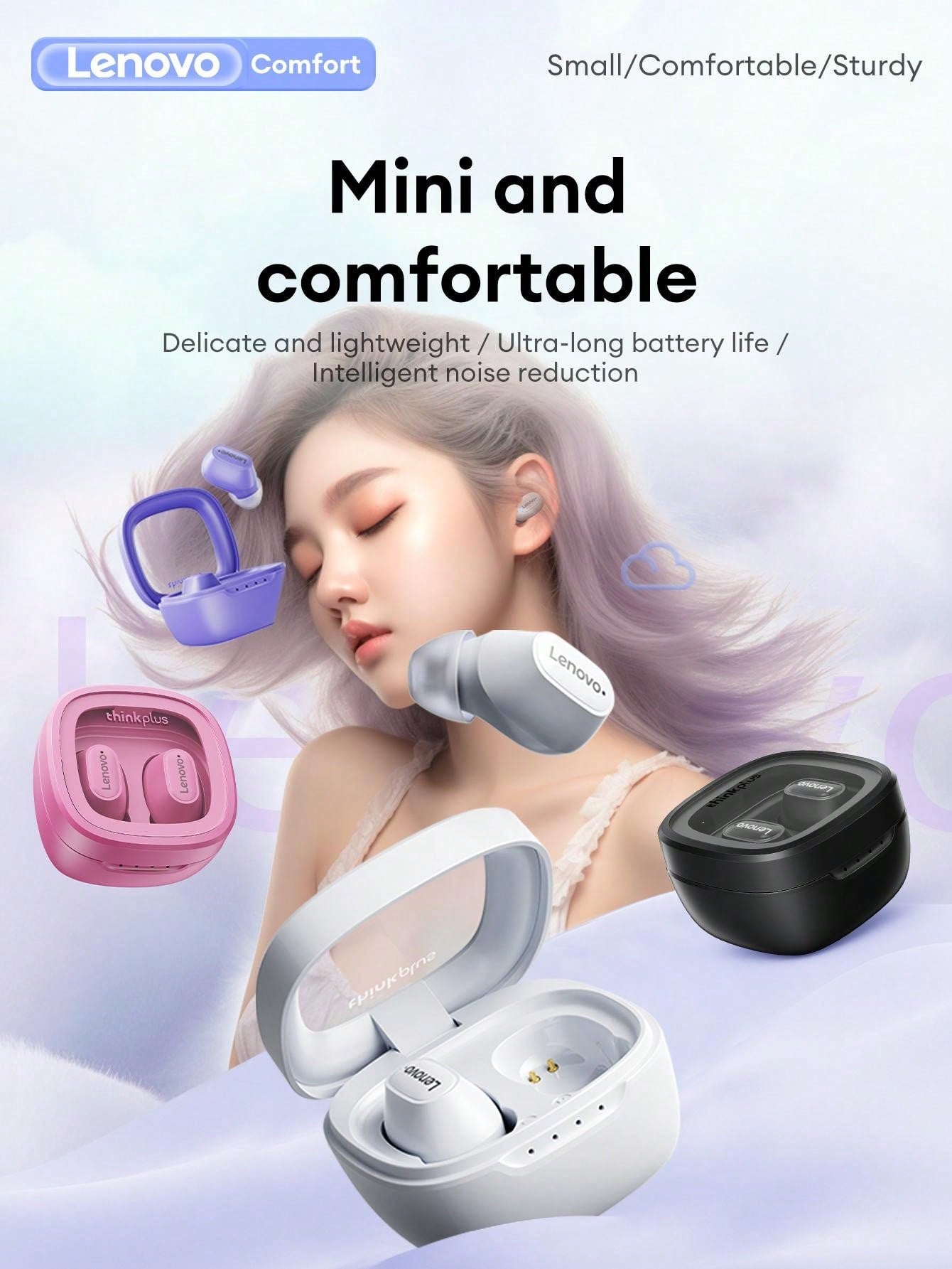 Lenovo XT62 Bluetooth Earphones, Half-In-Ear Style, High Definition Stereo Surround Sound Quality, Music
