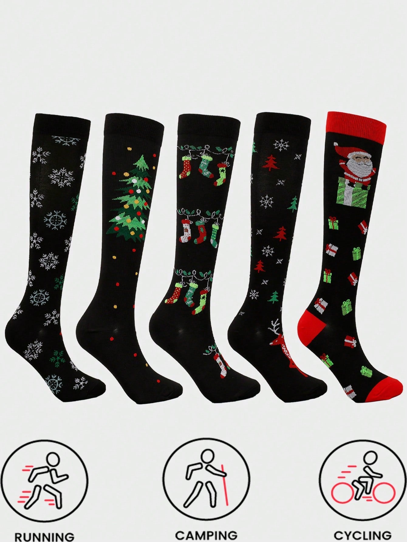 Unisex Christmas Pattern Athletic Compression Socks, Suitable For Running, Cycling And Hiking