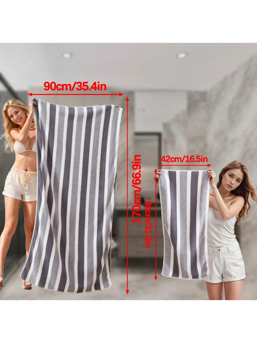 1pc Dark Blue Soft, Absorbent, Non-Shedding Wide Striped Coral Fleece Towel Or Bath Towel For Adults,For Hotel, Spa, Home Bathroom, Shower, Face Washing.