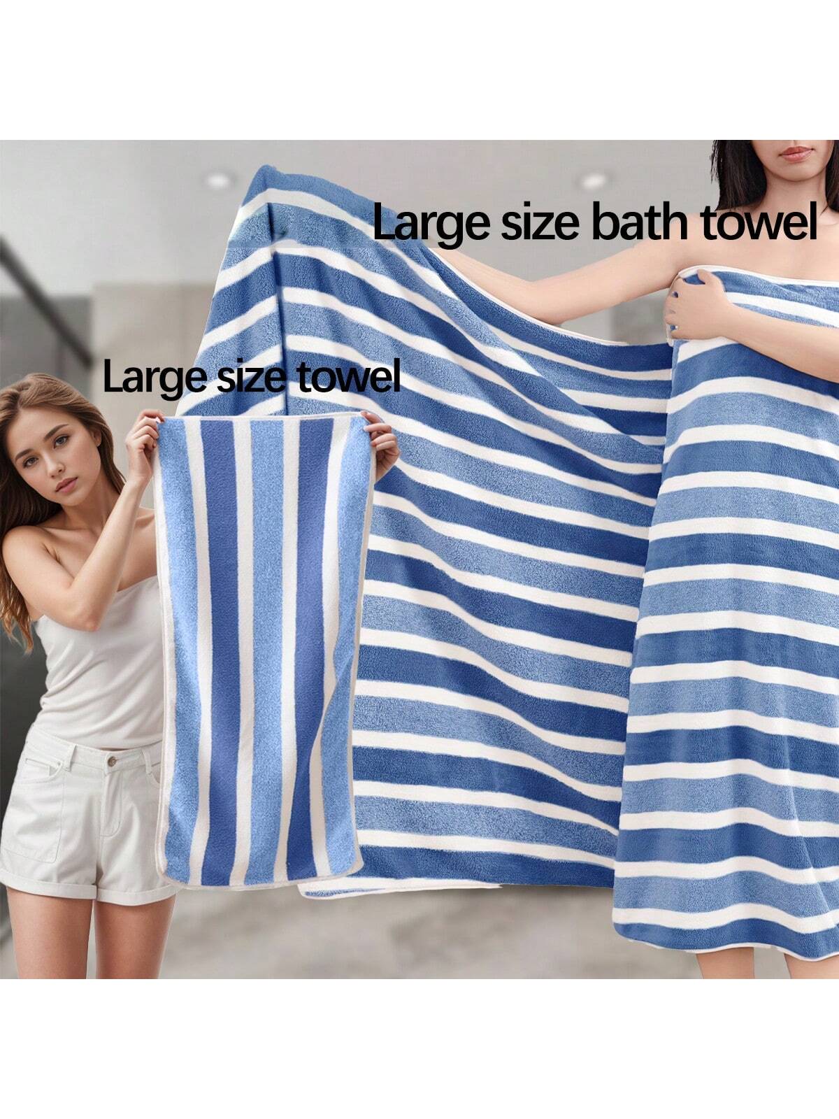 1pc Dark Blue Soft, Absorbent, Non-Shedding Wide Striped Coral Fleece Towel Or Bath Towel For Adults,For Hotel, Spa, Home Bathroom, Shower, Face Washing.