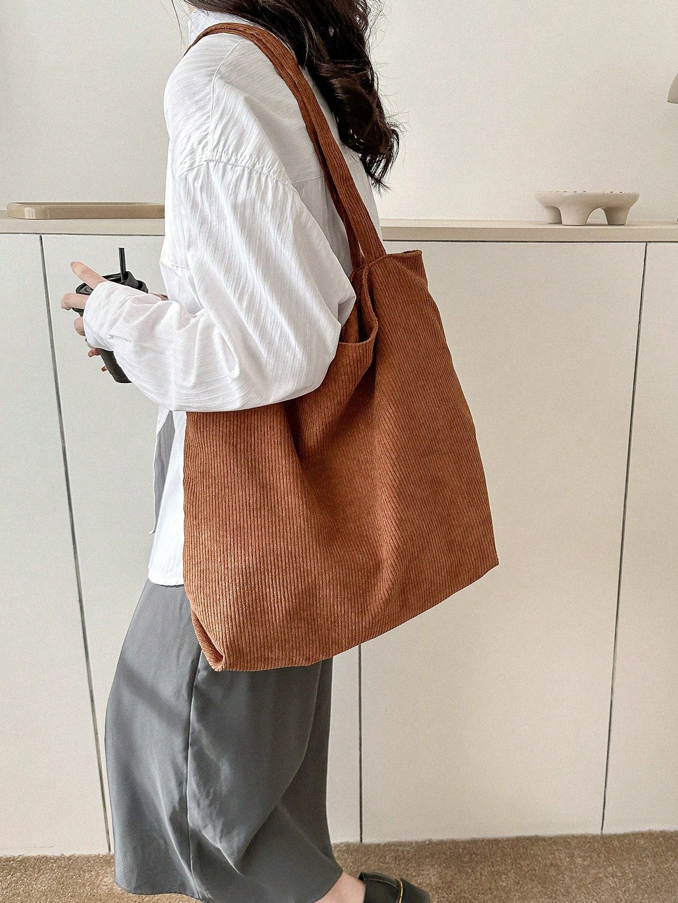 Corduroy Zipper Tote Bag, Women's Fashion Large Capacity Shoulder Bag, Casual Shopping Bag