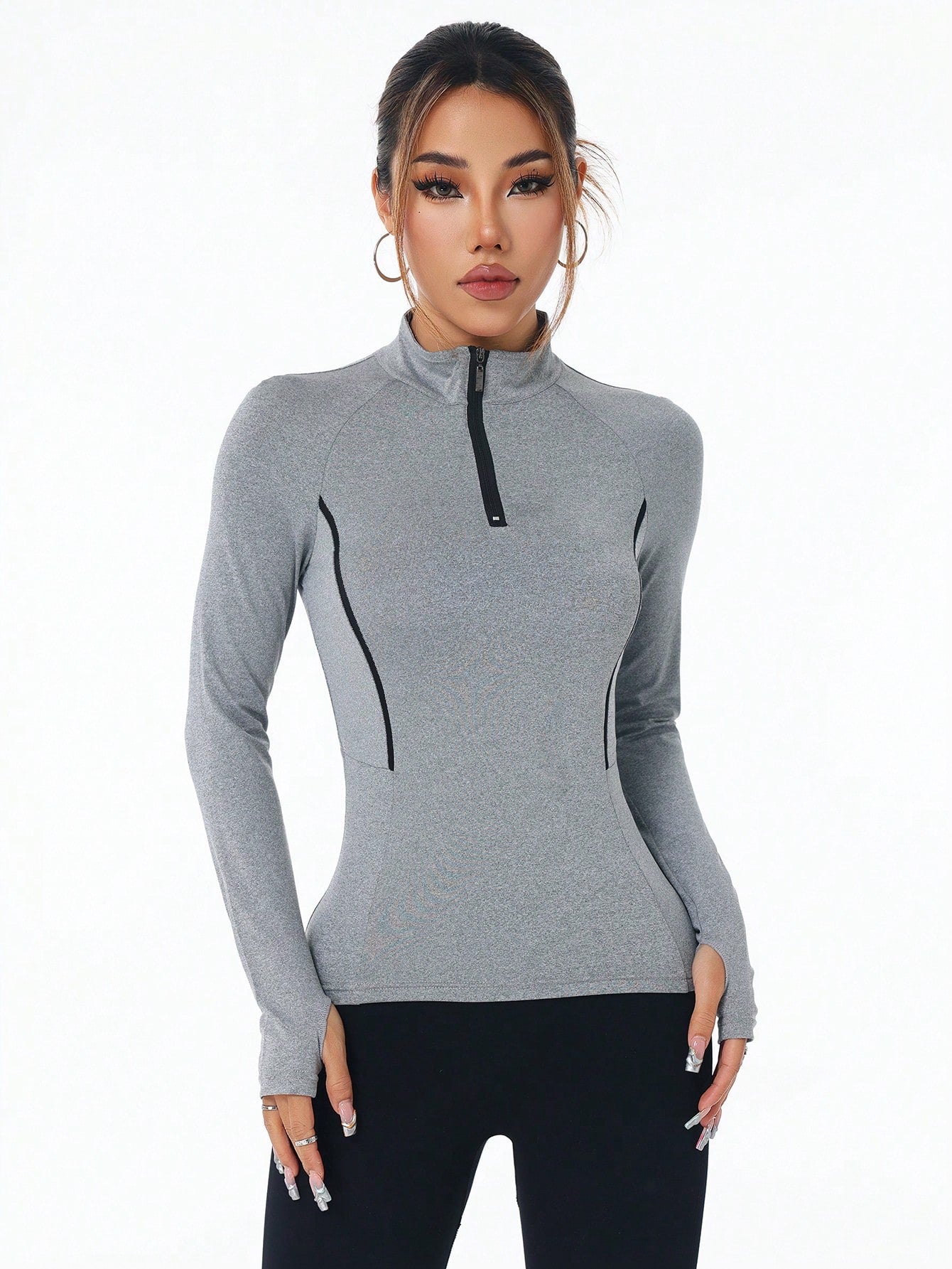 Color Block Trim Collar Fitted Sports Long Sleeve Sweatshirt