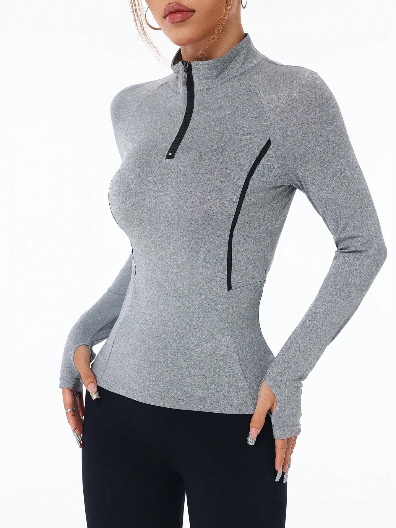 Color Block Trim Collar Fitted Sports Long Sleeve Sweatshirt