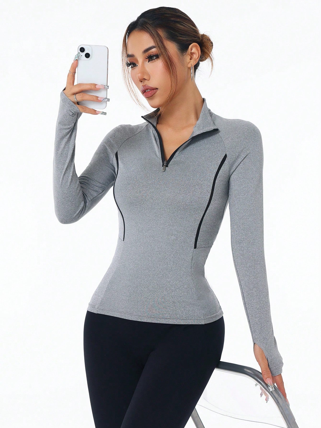 Color Block Trim Collar Fitted Sports Long Sleeve Sweatshirt
