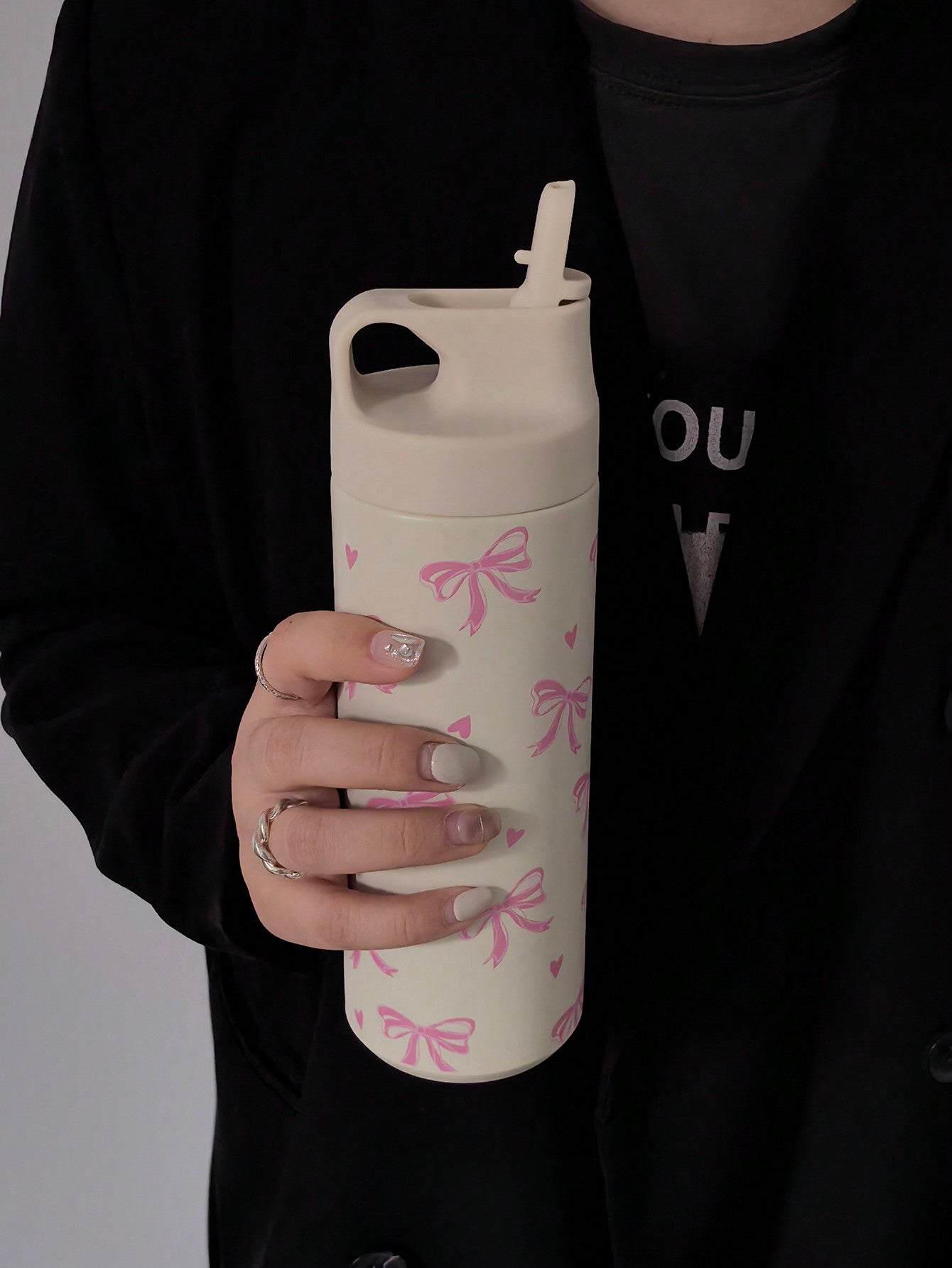 1pc 550ml/18.6oz Bow Heart Series Water Bottle, With Straw Cup, Original Double-Layer Stainless Steel Bottle, Keeps Drink Hot Cold, Travel And Outdoor Cup, Gym And Sport Bottle, Flat Bottom Cup, Car Cup, Seasonal Drinkware, Holiday Gift