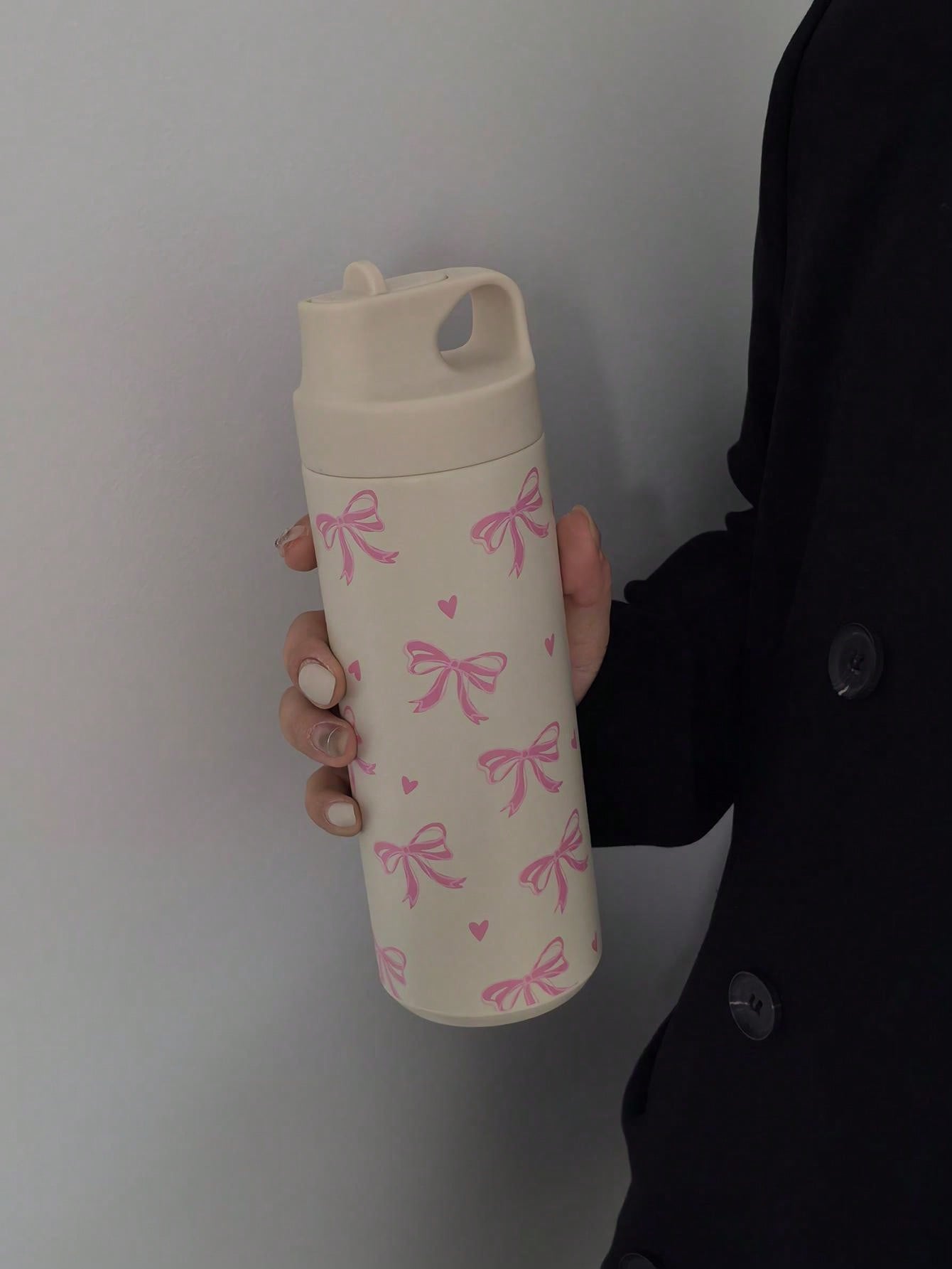 1pc 550ml/18.6oz Bow Heart Series Water Bottle, With Straw Cup, Original Double-Layer Stainless Steel Bottle, Keeps Drink Hot Cold, Travel And Outdoor Cup, Gym And Sport Bottle, Flat Bottom Cup, Car Cup, Seasonal Drinkware, Holiday Gift