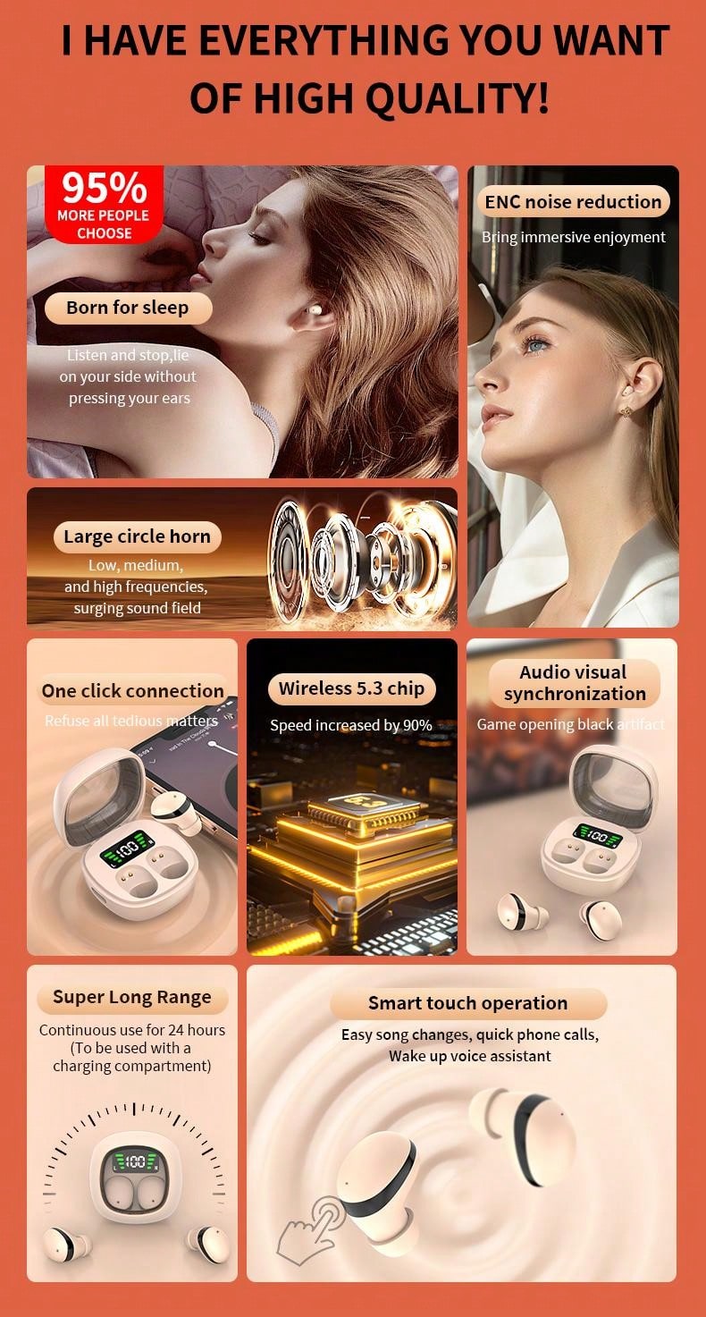 TWS Mini Sleeping Bluetooth Wireless Earphones In-Ear HIFI Music Headphones Stereo Noise Cancelling Sports Waterproof Earbuds Headset With Mic