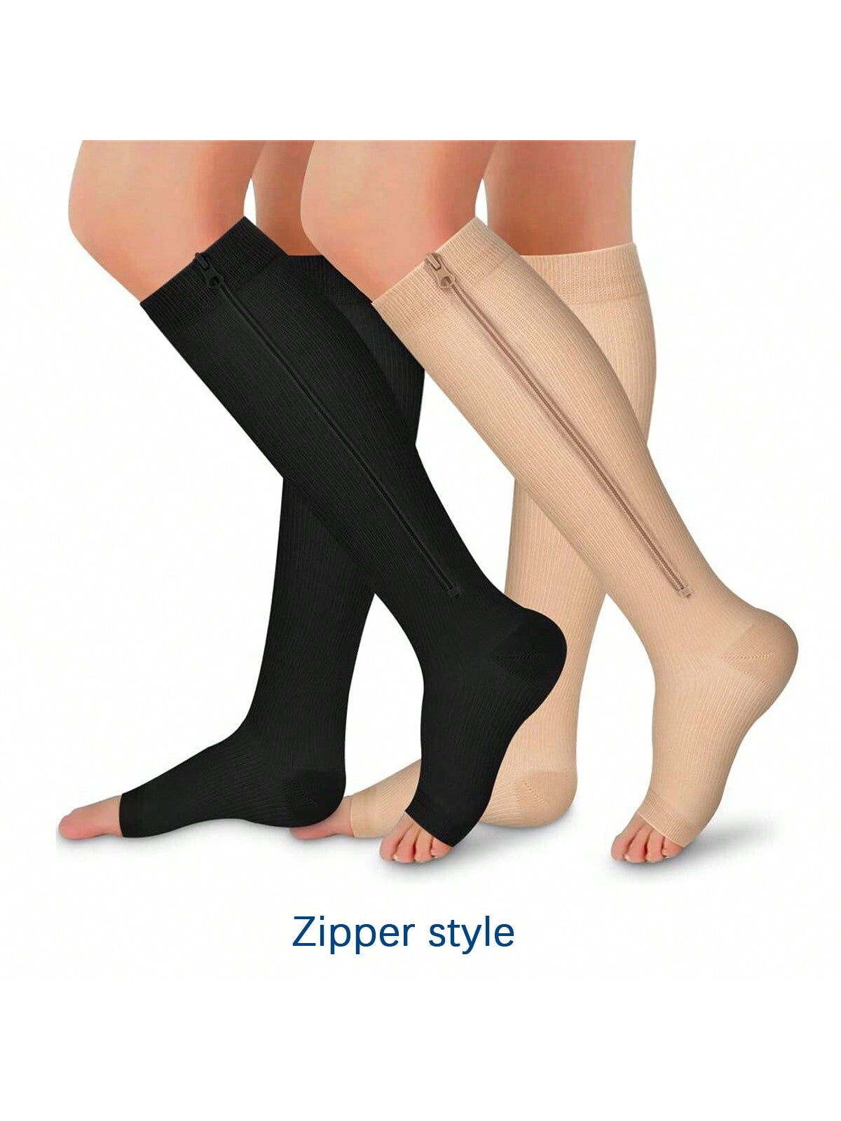 1 Pair Toe-Less Compression Socks With Side Zipper, Toe Exposed Pressure Socks, Multi-Functional Calf Sleeves, Sleep Elastic Compression Hosiery, Suitable For All-Day Wear, Sports Socks