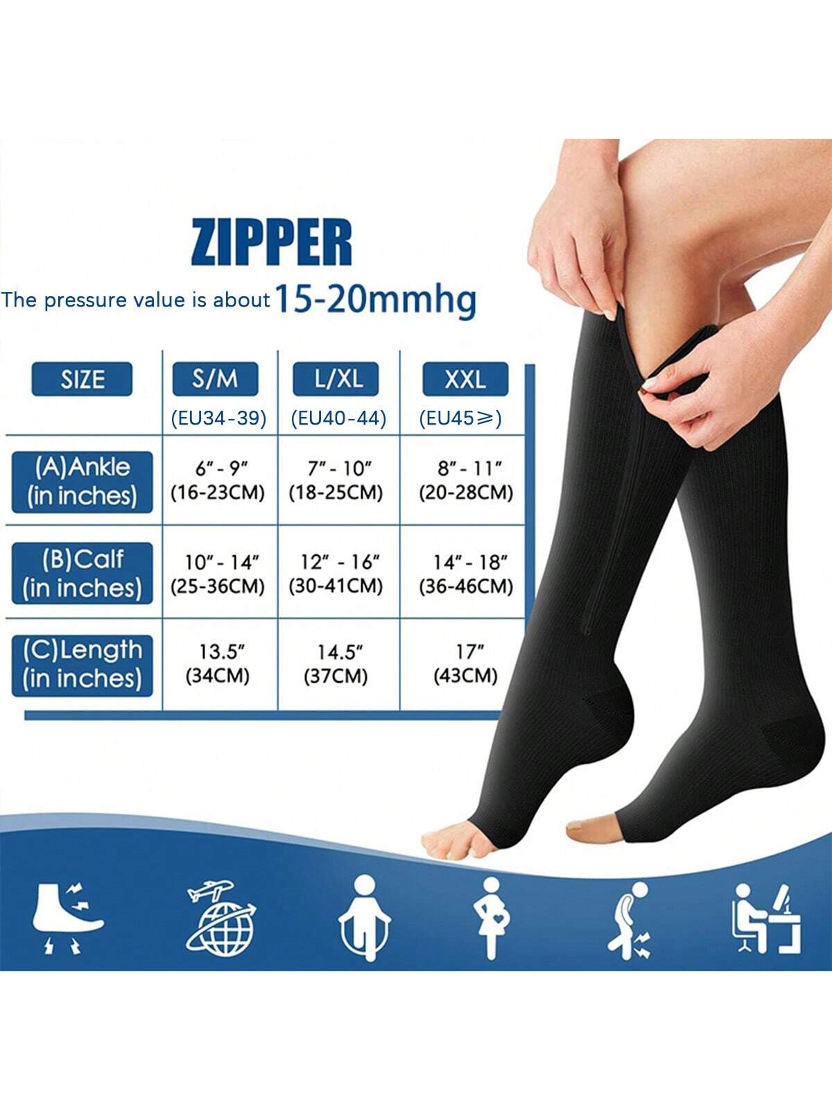 1 Pair Toe-Less Compression Socks With Side Zipper, Toe Exposed Pressure Socks, Multi-Functional Calf Sleeves, Sleep Elastic Compression Hosiery, Suitable For All-Day Wear, Sports Socks