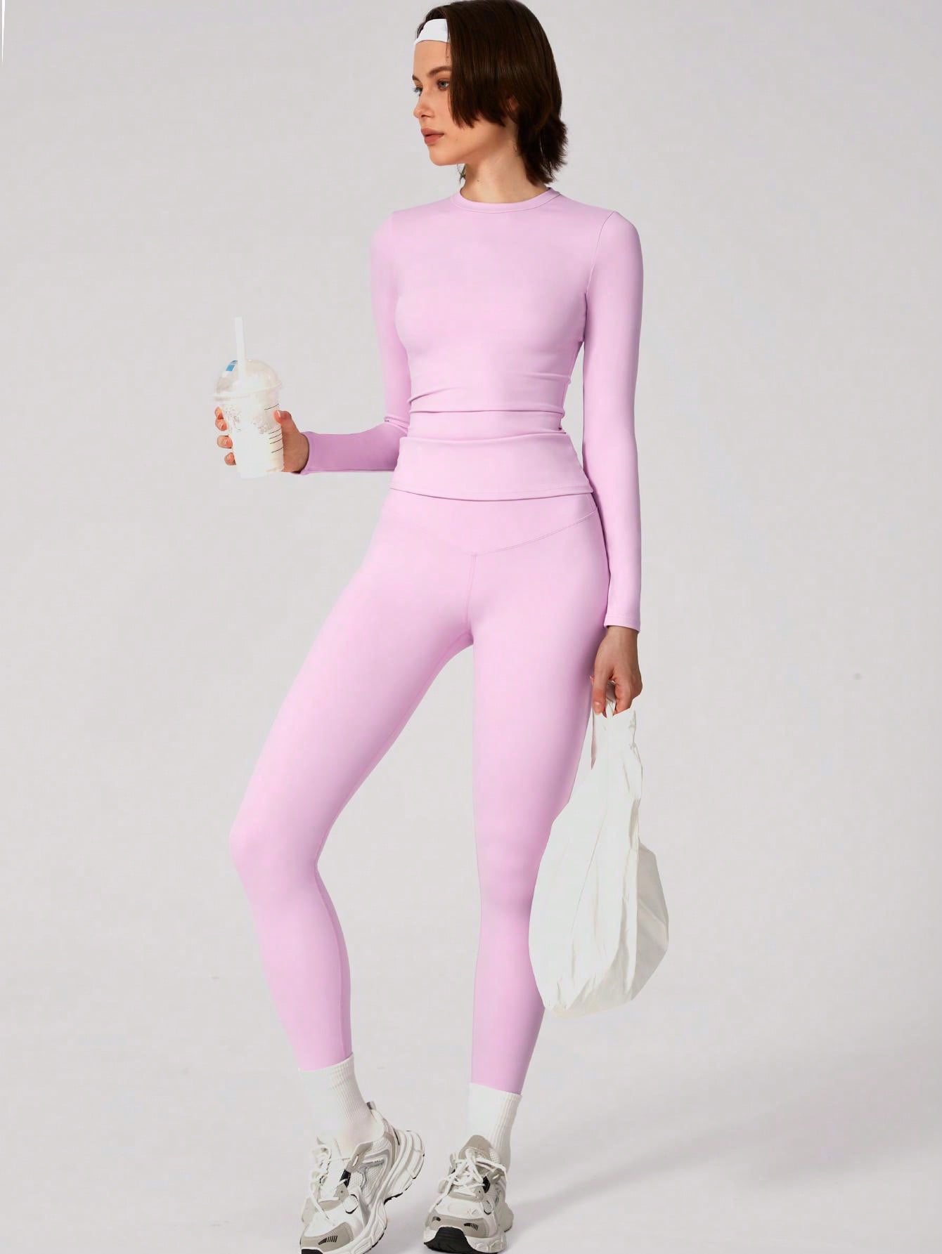 Set Women Simple Solid Color Sports Top And Pants Base Set Yoga Daily