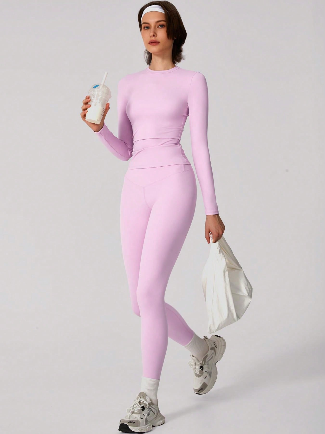 Set Women Simple Solid Color Sports Top And Pants Base Set Yoga Daily