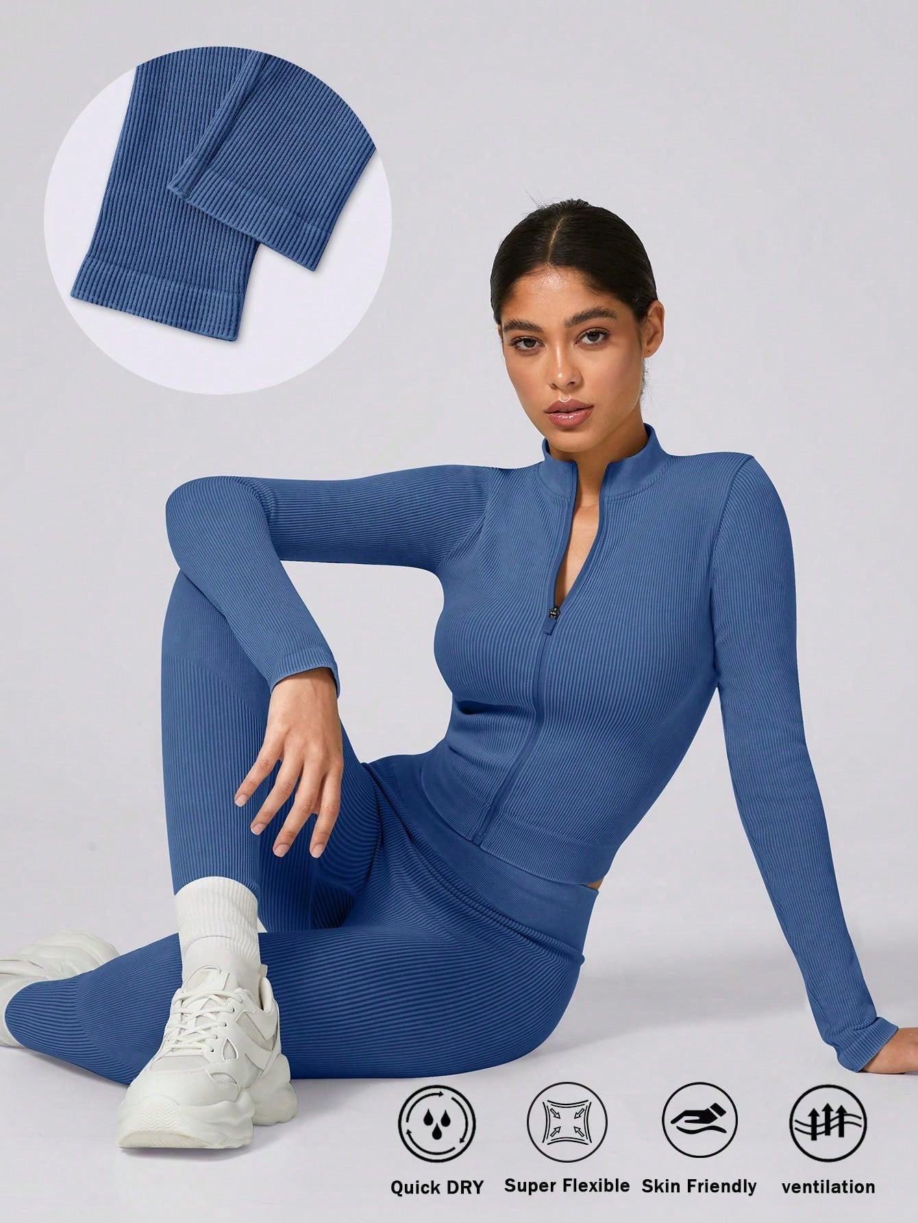 1 Set Women Winter Long Active Wear, Ribbed Zipper Base Layer Sportswear Set - Jacket And Stretchy Butt-Lifting Sweatpants
