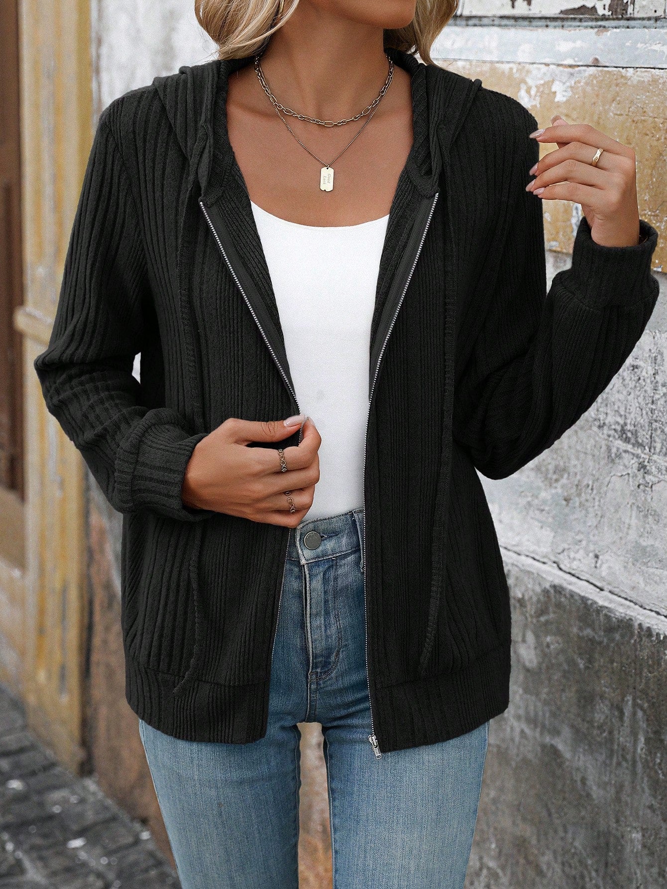 LUNE Sport Game Day Tracksuit Women Athleisure Hooded Zipper Front Sweatshirt, Black White Striped Comfortable Casual Sports Tracksuit