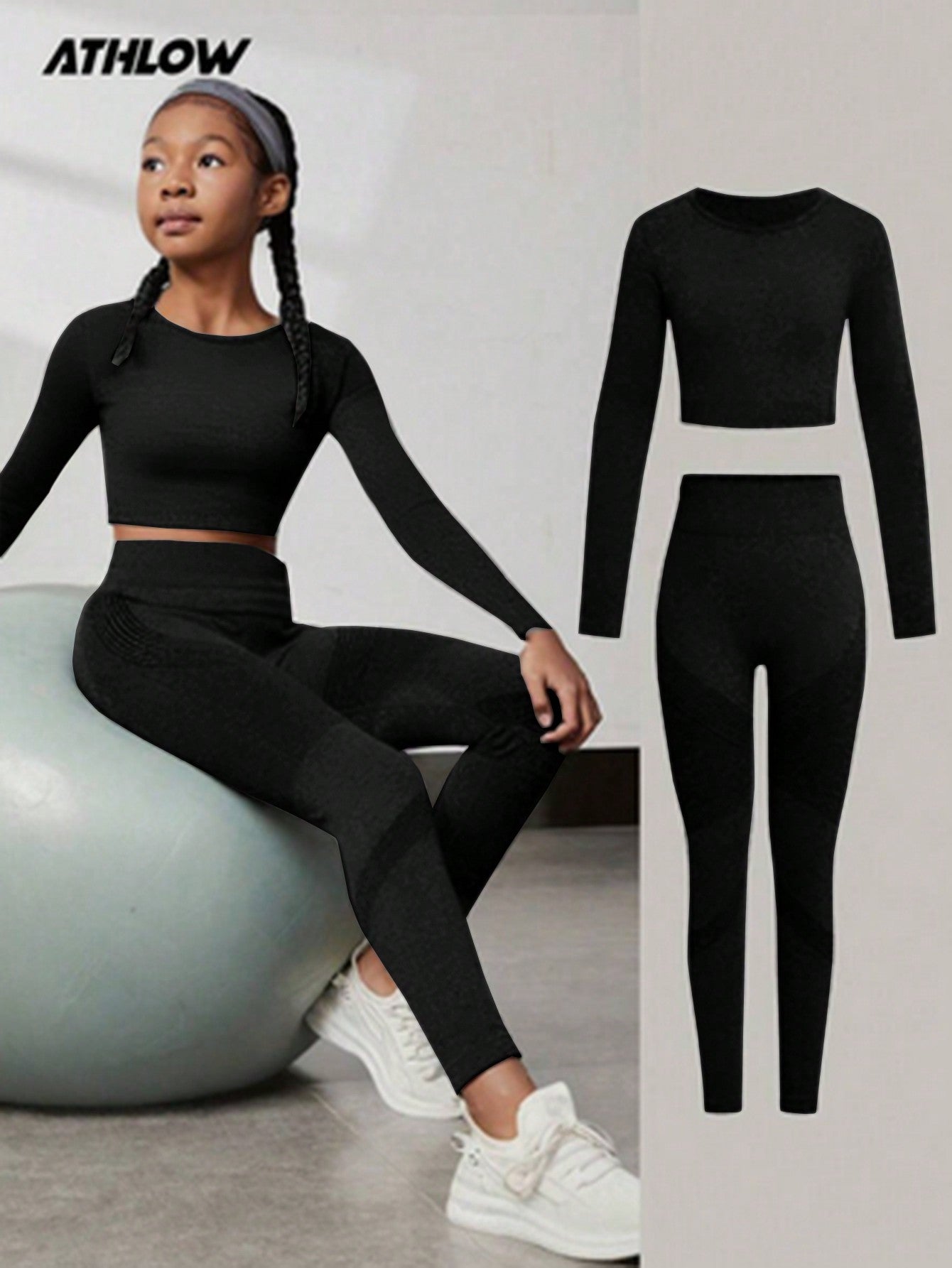 Tween Girls Active Wear Outfit, Black Long Sleeve Top
