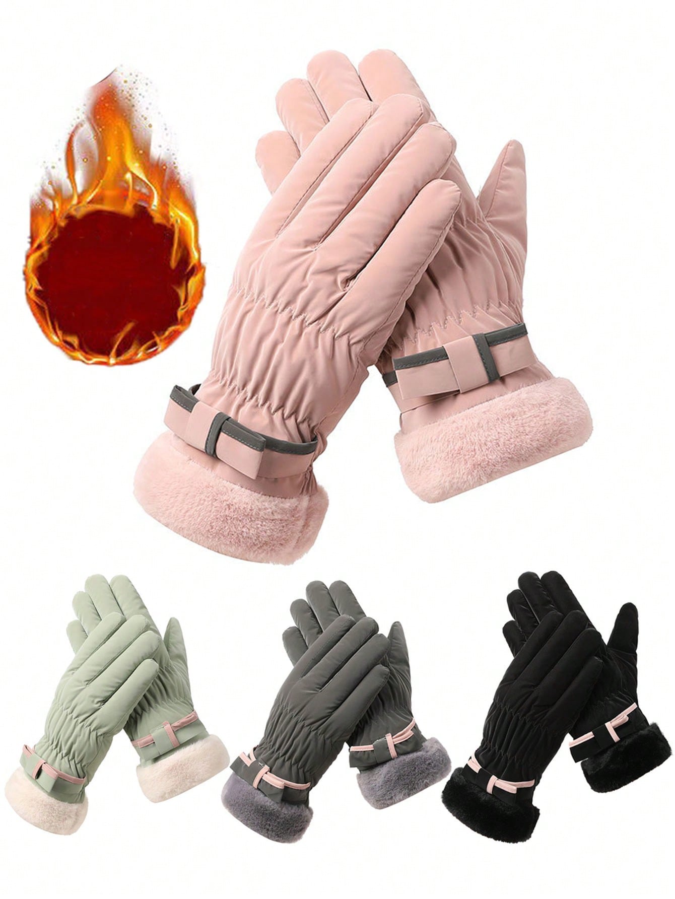 1 Pair Women's Winter Gloves, Thickened And Plush-Lined Touch Screen Warm Gloves For Riding, Mountaineering, Skiing, Windproof And Cold-Resistant, Motorcycle Plush Gloves, Cute Bow Touchscreen Gloves Waterproof Fabric Valentine's Day