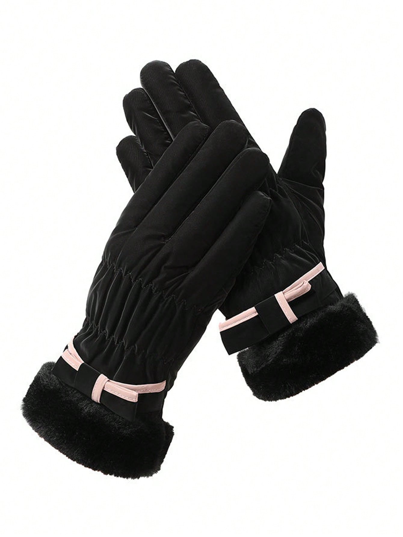 1 Pair Women's Winter Gloves, Thickened And Plush-Lined Touch Screen Warm Gloves For Riding, Mountaineering, Skiing, Windproof And Cold-Resistant, Motorcycle Plush Gloves, Cute Bow Touchscreen Gloves Waterproof Fabric Valentine's Day