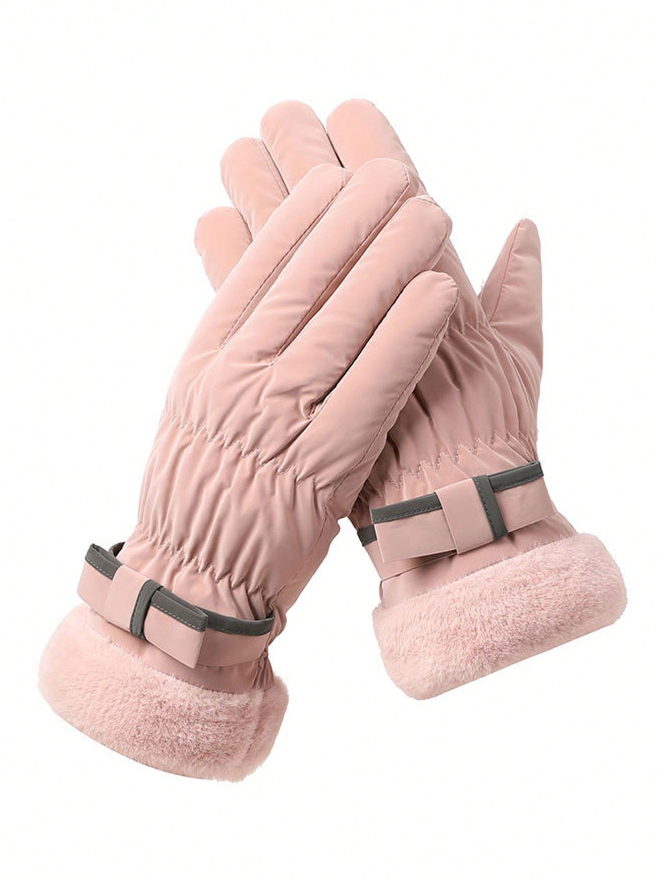 1 Pair Women's Winter Gloves, Thickened And Plush-Lined Touch Screen Warm Gloves For Riding, Mountaineering, Skiing, Windproof And Cold-Resistant, Motorcycle Plush Gloves, Cute Bow Touchscreen Gloves Waterproof Fabric Valentine's Day