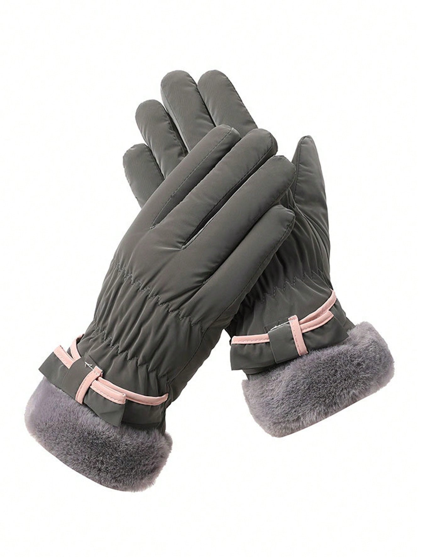 1 Pair Women's Winter Gloves, Thickened And Plush-Lined Touch Screen Warm Gloves For Riding, Mountaineering, Skiing, Windproof And Cold-Resistant, Motorcycle Plush Gloves, Cute Bow Touchscreen Gloves Waterproof Fabric Valentine's Day